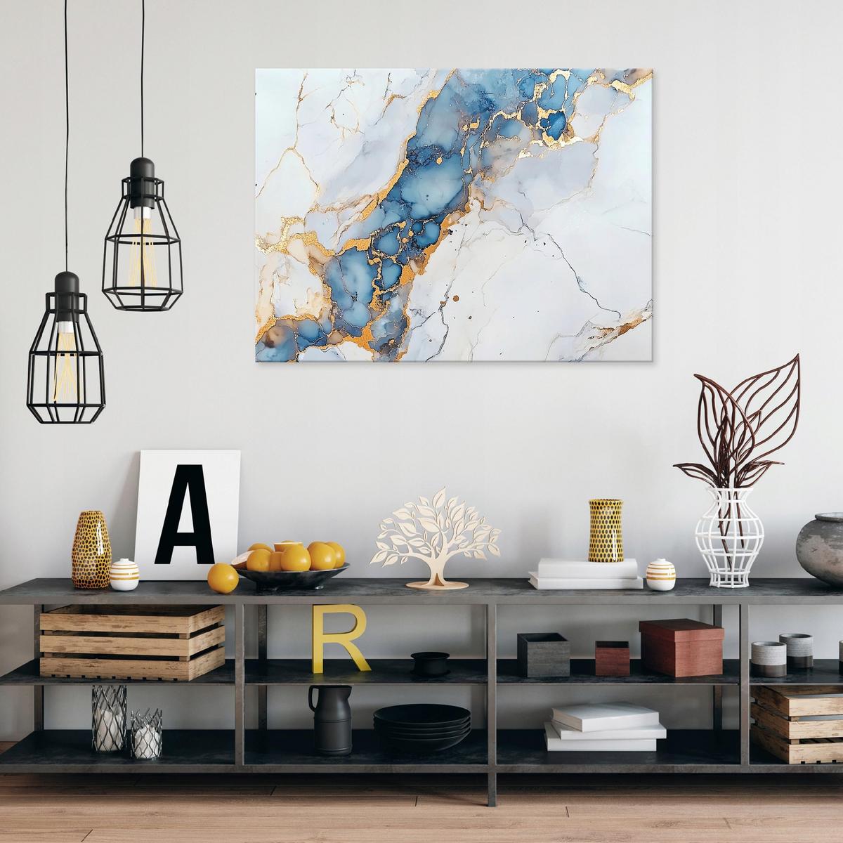WANDBILD XXL Abstrakt Marmor Blau Gold Modern Wohnzimmer 120x80 - Grau, Holzwerkstoff (120/80cm) - Wallarena