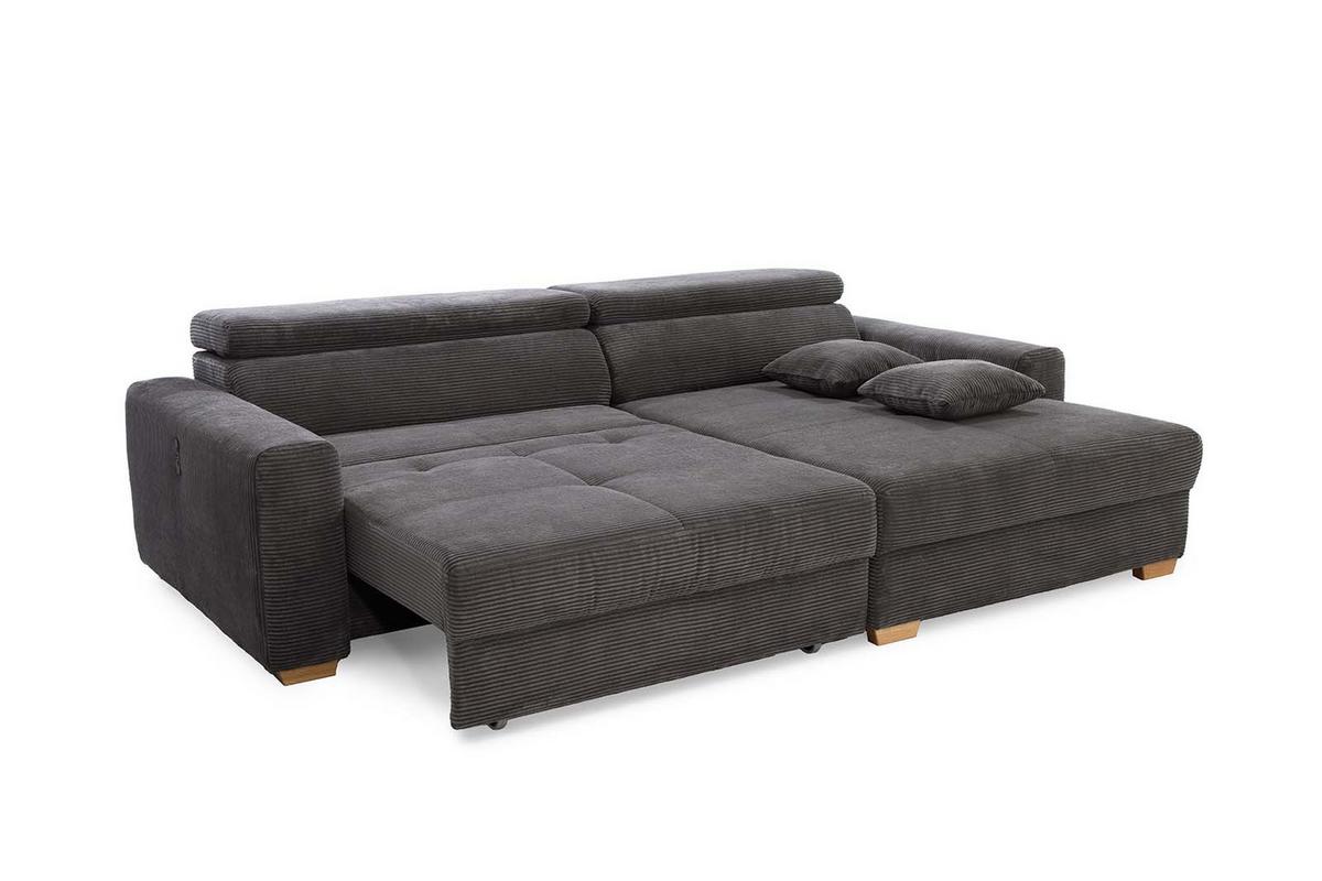 ECKSOFA mit elektrischer Sitztiefenverstellung, Kopflehnen verstellbar, USB-A und USB-C Ladefunktion B277/T187/H109 cm, Cord Dunkelgrau / 15402 - Dunkelgrau/Eichefarben, Eichenholz/Textil (277/187cm) - luma-home
