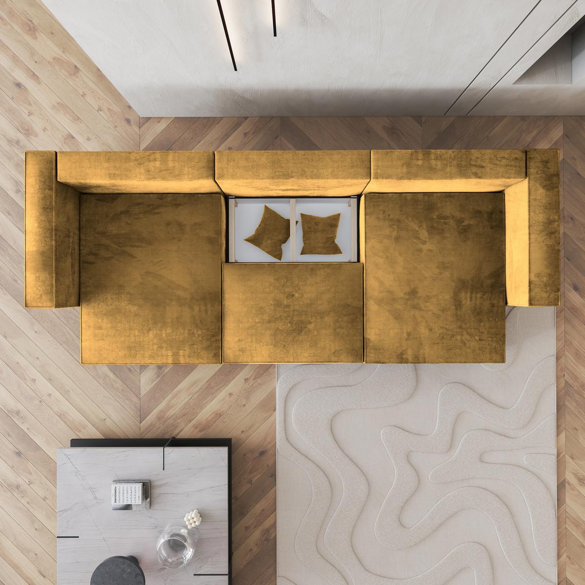 WOHNLANDSCHAFT SARMO M Gelb Velours-Stoff mit Schlaffunktion - Gelb/Grau, Holz/Kunststoff (347/70/148cm) - MASSENO