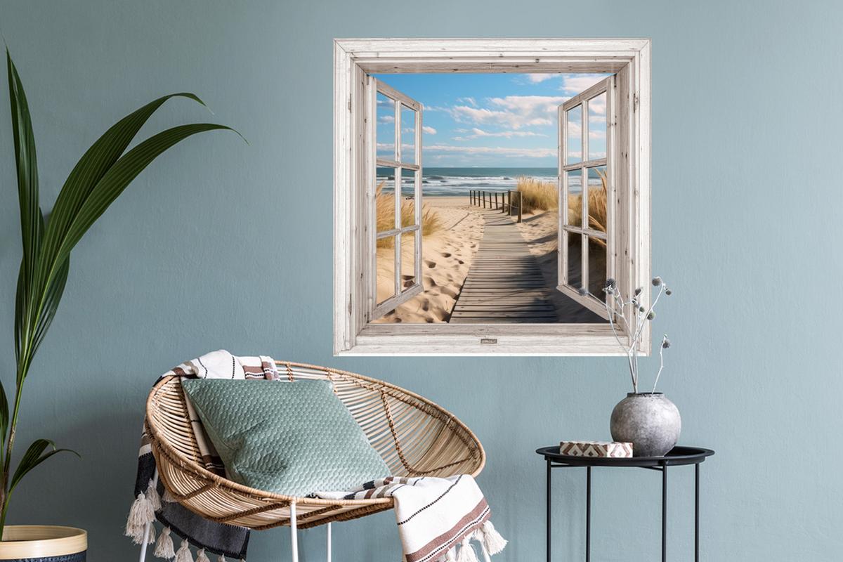 WANDTATTOO Fenster - Meer - Küste - Natur - Ausblick - Strand - Wattenmeer Wanddeko 50x50 cm - Beige, Kunststoff (50/50/0.1cm) - MuchoWow