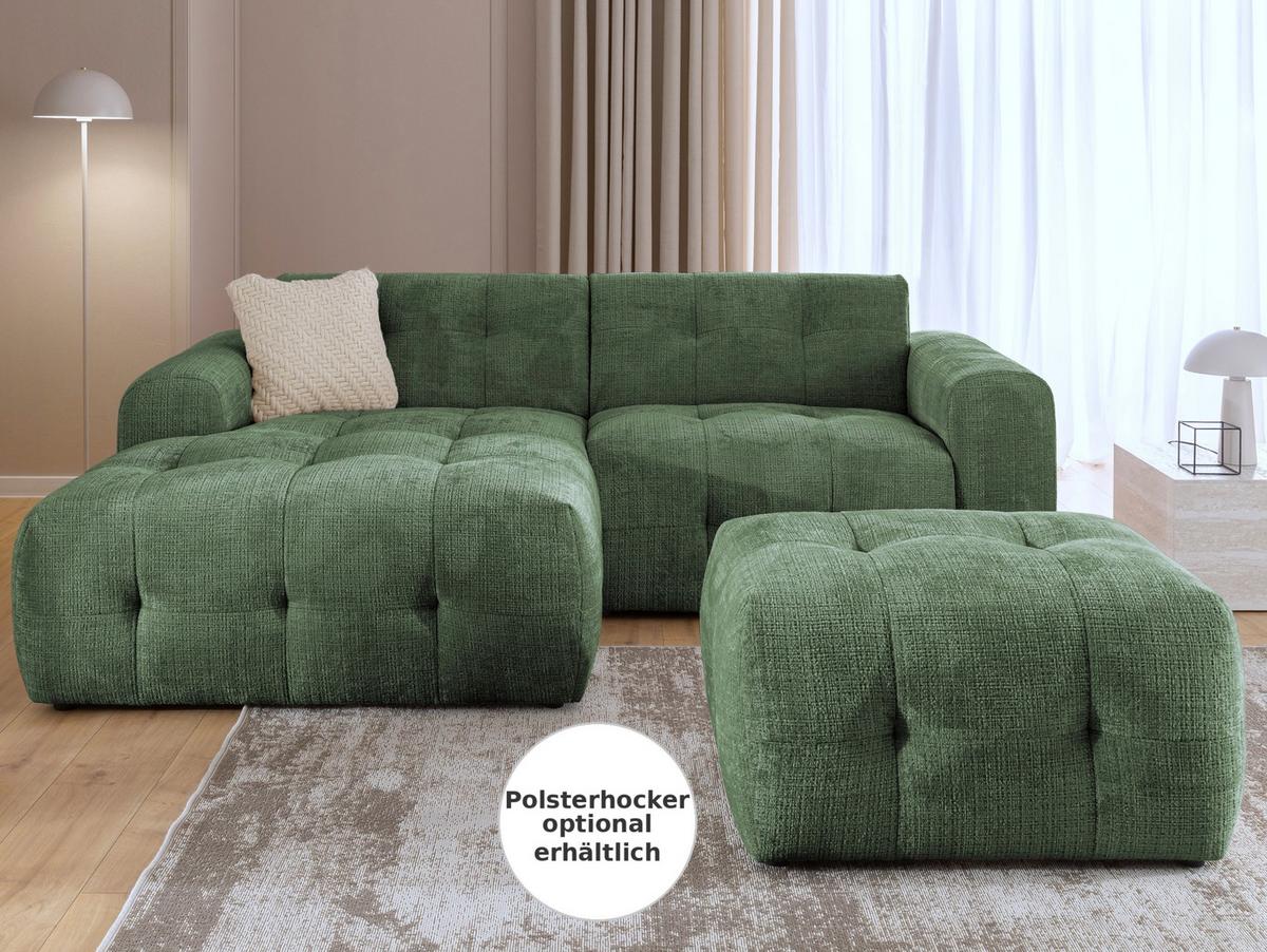 ECKSOFA mit Ottomane rechts, raffinierten Steppungen, Wellenunterfederung, B234/T161/H79 cm, Chenille-Bezug in Grün / 21039 - Schwarz/Grün, Kunststoff/Textil (234/79/161cm) - luma-home