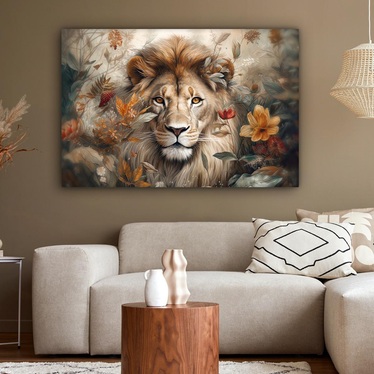 LEINWANDBILD Löwe - Wildtiere - Pflanzen - Natur - Blumen Wohnzimmer Groß 120x80 cm - Beige, Textil (120/80cm) - MuchoWow