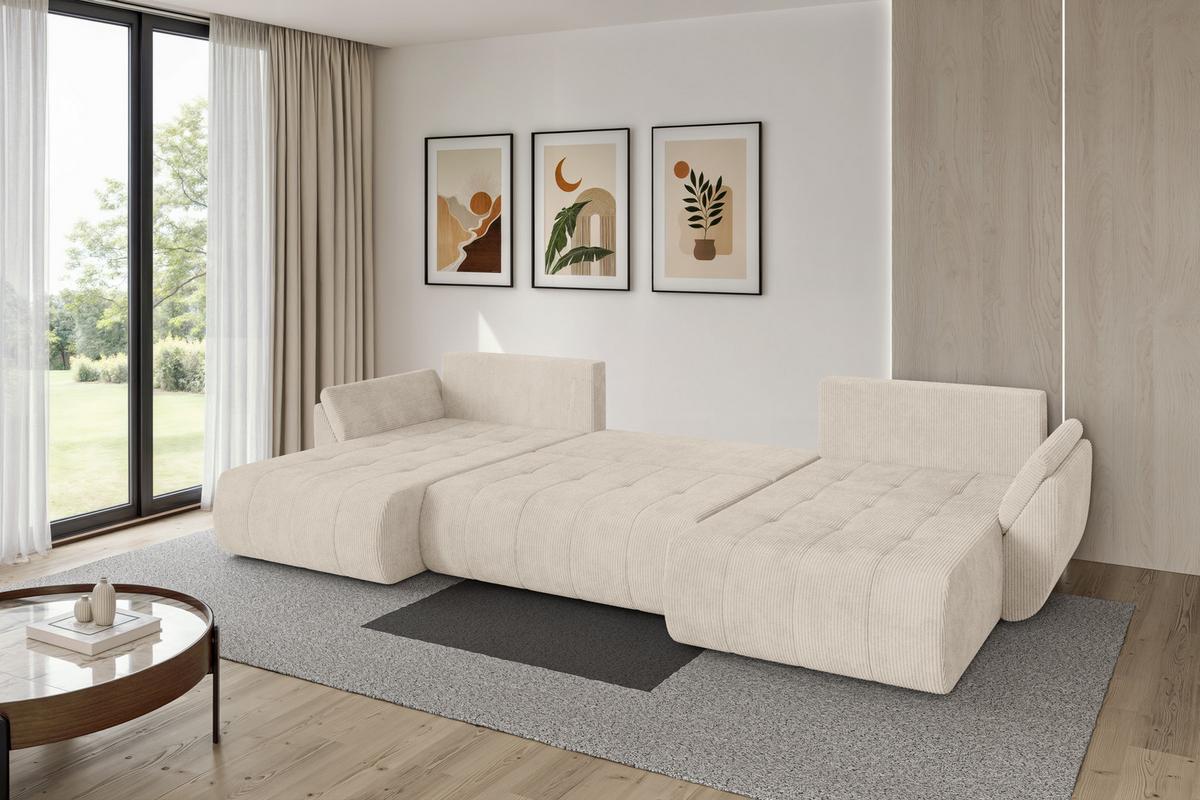WOHNLANDSCHAFT mit Schlaffunktion und Bettkasten TOKO-U 378x194x86 Beige Cord - Beige/Schwarz, Holzwerkstoff/Kunststoff (378/86/194cm) - ALTDECOR