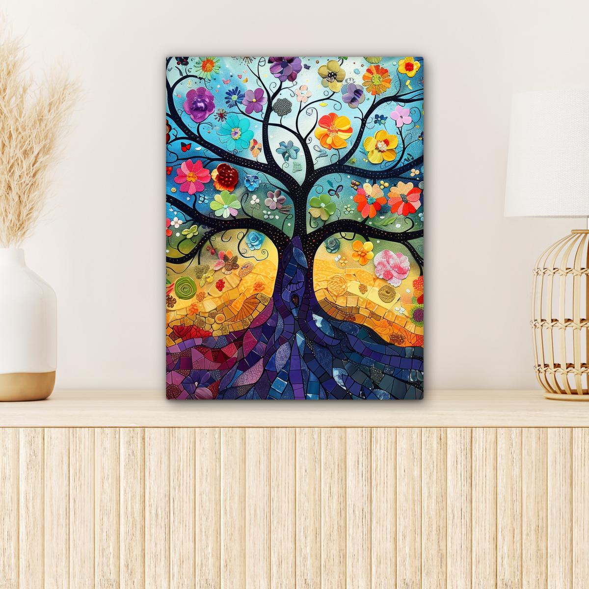 LEINWANDBILD Kunst - Baum des Lebens - Blumen - Hippie Room Decor 30x40 cm - Dunkelblau, Textil (30/40cm) - MuchoWow