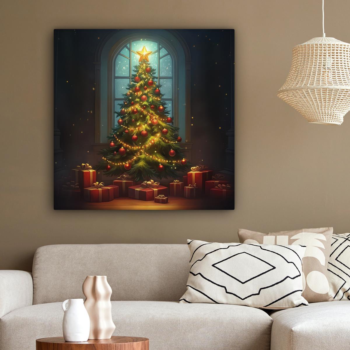 LEINWANDBILD Weihnachtsbaum - Geschenk - Winter Deko Groß 90x90 cm - Grün, Textil (90/90cm) - MuchoWow