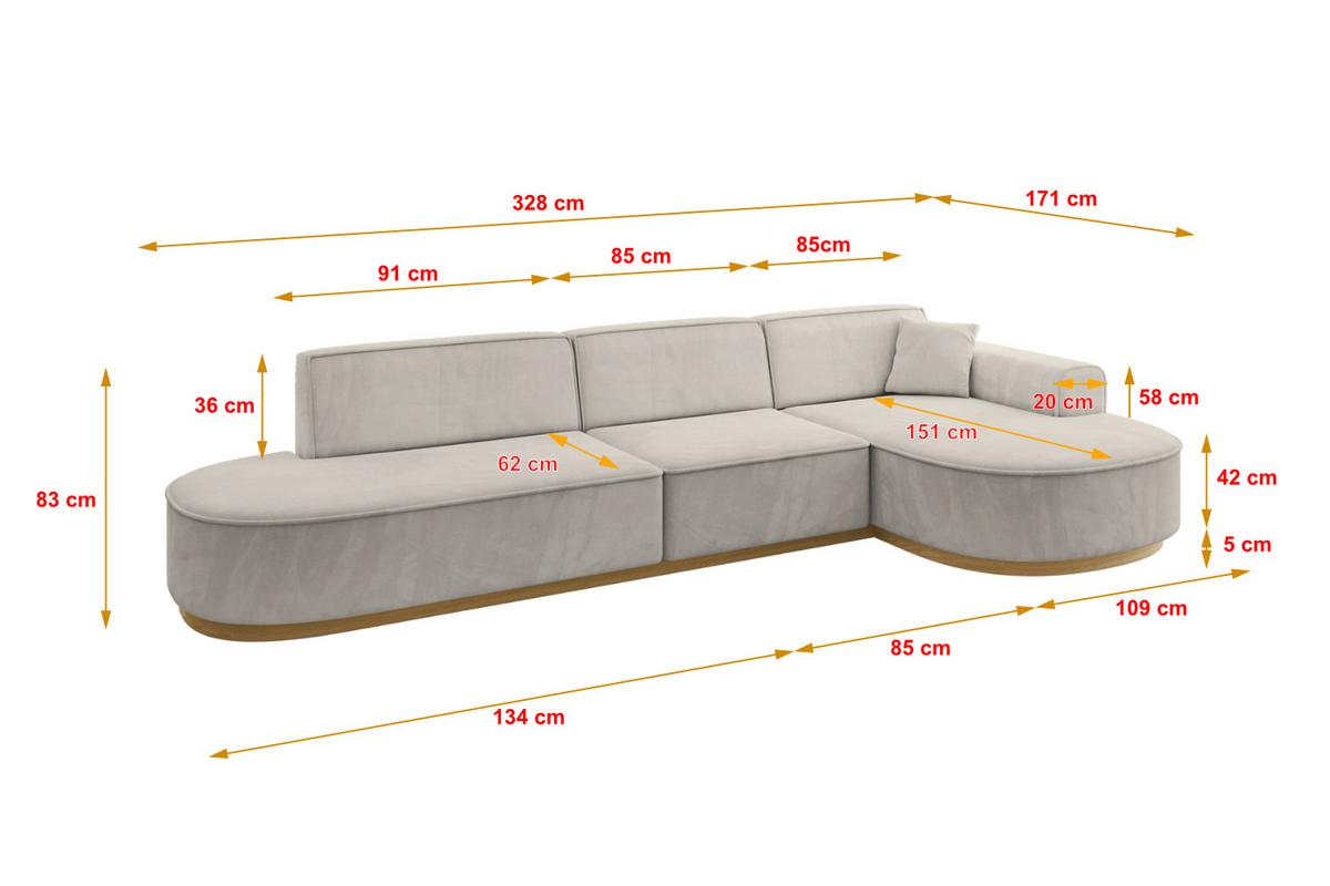 ECKSOFA Ottomane Rechts MARI-L2-v2 - 328x171x83 cm Hellbraun Velours - Hellbraun, Holzwerkstoff/Textil (171/328cm) - ALTDECOR