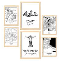POSTER Set Mit 6 Drucke Von Südafrika Von Karten In Schwarz Weiß A3 & A4 Rahmen Aus Hellem Holz - Beige, Papier (29/3cm) - Nacnic