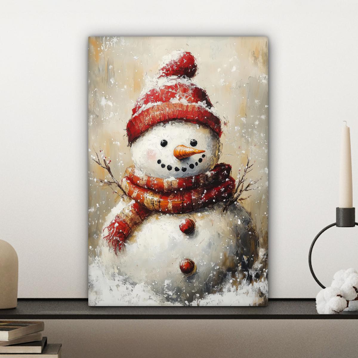 LEINWANDBILD Schneemann - Winter - Schnee - Beige Deko Wohnzimmer 20x30 cm - Weiß, Textil (20/30cm) - MuchoWow