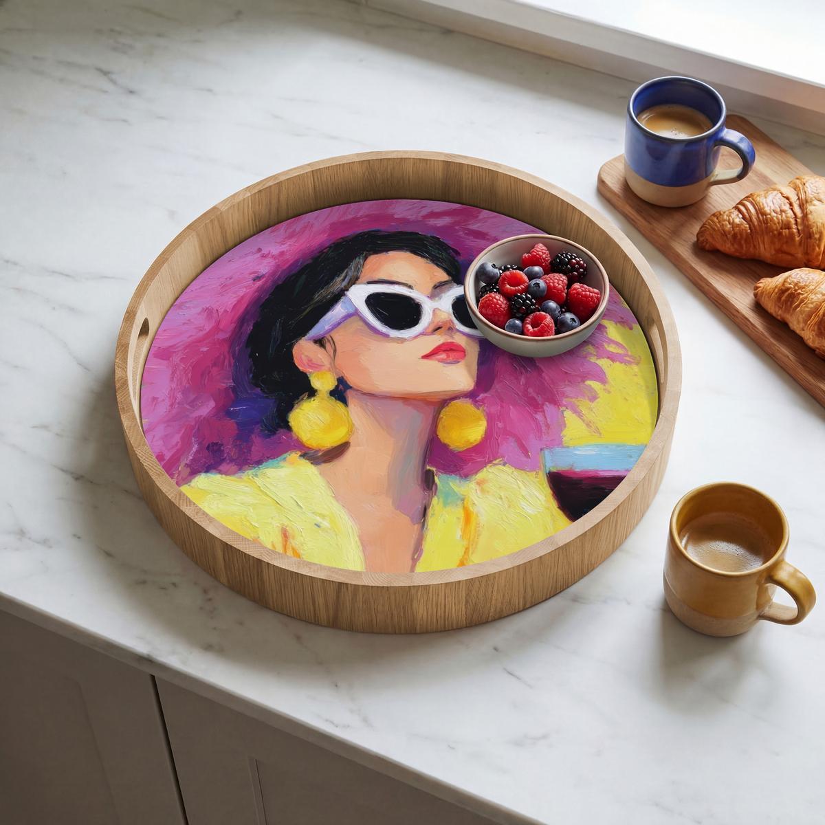 TABLETT Frau - Hut - Lila - Wein 40x40 cm - Gelb, Holz (40/5/5cm) - OnlyWow