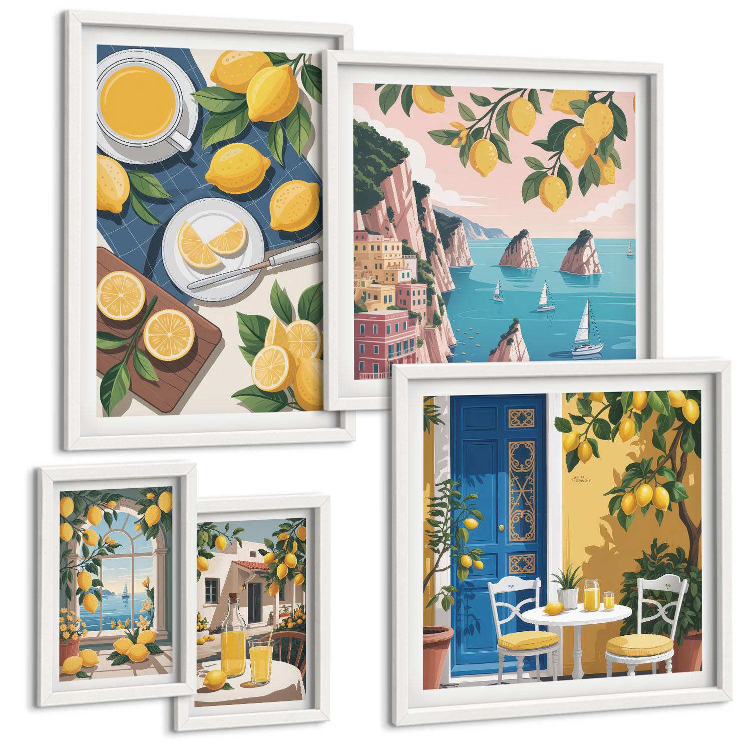 BILDER SET 5er Set - 50x50 cm & 20x30 cm & 40x60 cm Weißer Rahmen - Berge, rosa Himmel, Wasser, Sukkulente - Weiß, Kunststoff (40/60cm) - TULUP