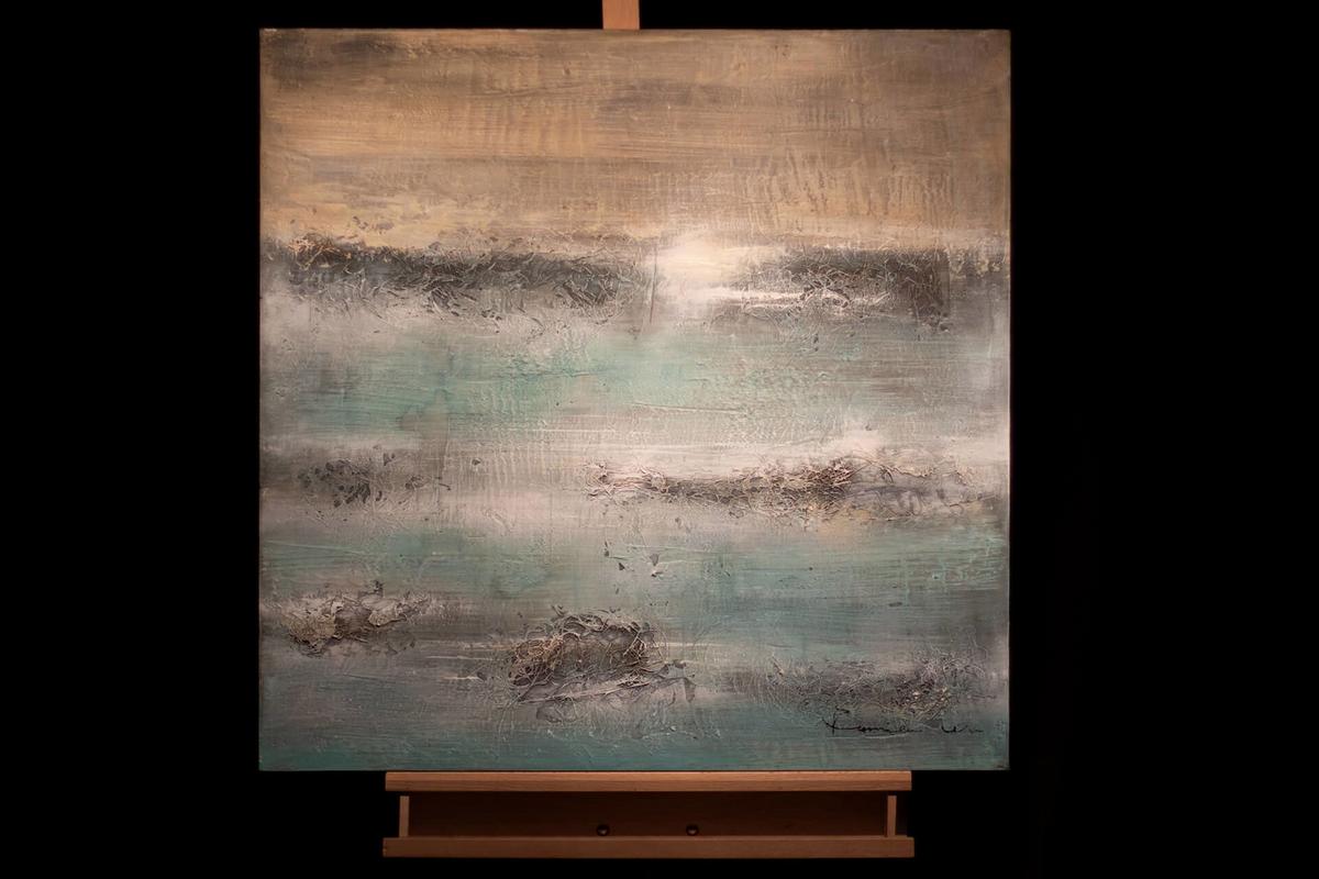 ACRYLBILD HANDGEMALT 80/80 cm - Beige/Petrol, Holz/Textil (80/80cm) - KUNSTLOFT