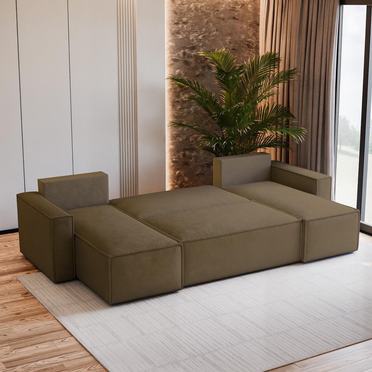 WOHNLANDSCHAFT PESANO M Beige Velours-Stoff mit Schlaffunktion - Beige, Holz (306/85/140cm) - MASSENO