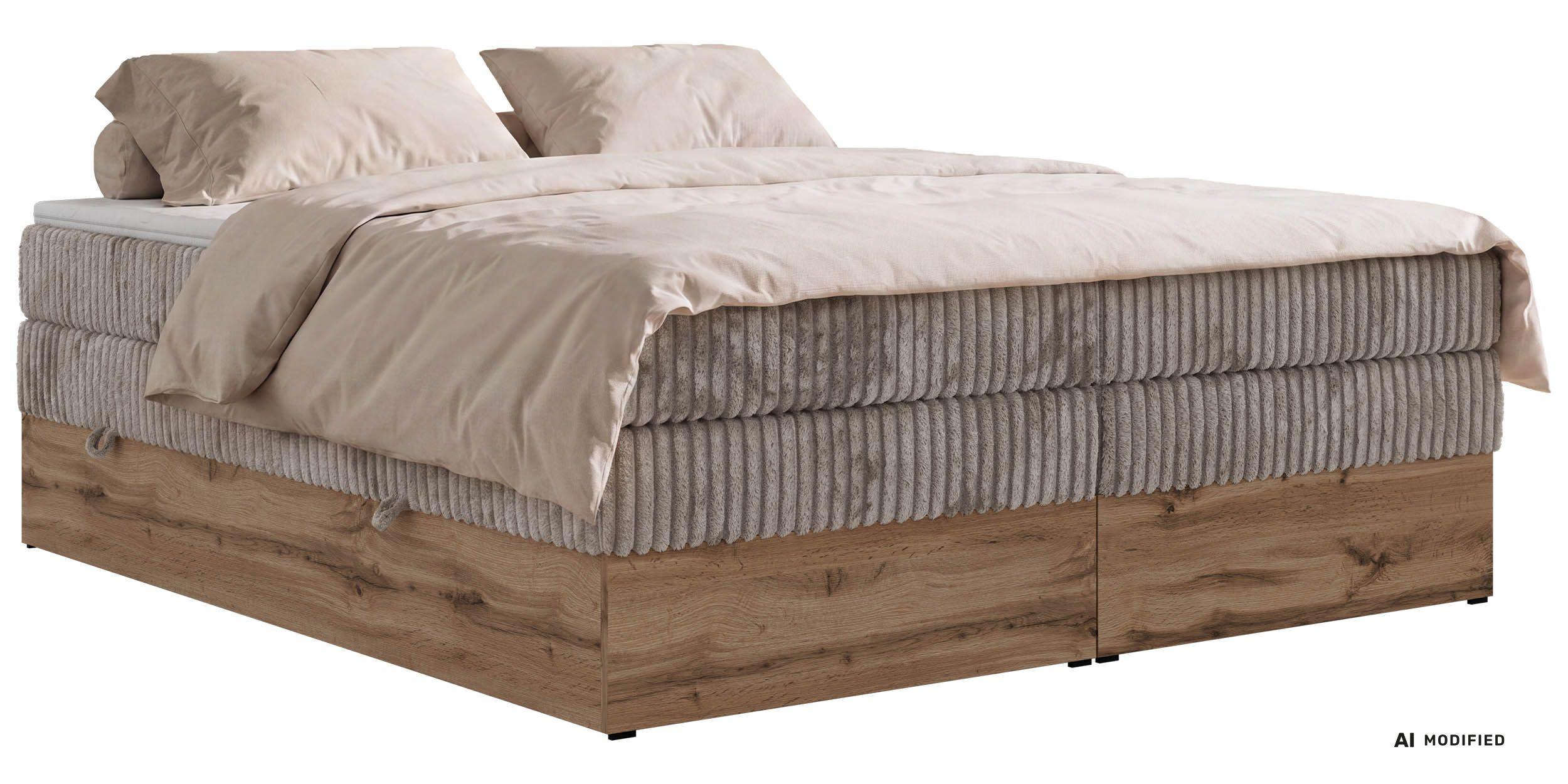 BOXSPRINGBETT WOOD ZERO KING 180/200 - Hellbraun Cord - Topper Visco - H3 - Hellbraun/Schwarz, Kunststoff/Textil (180/200cm) - MKS