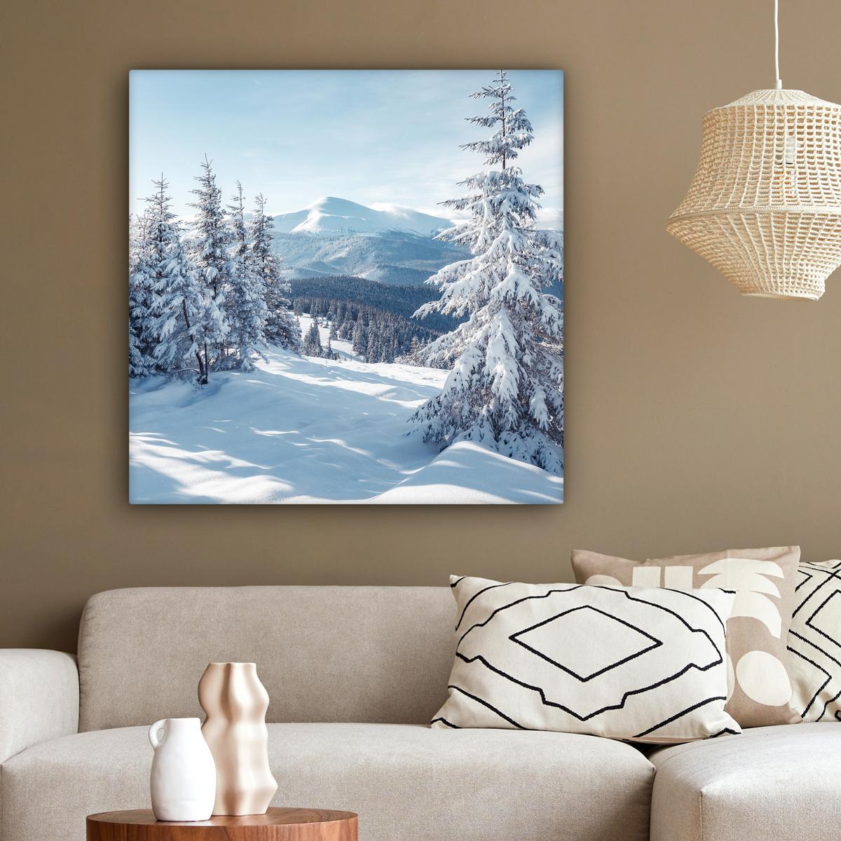 LEINWANDBILD Winterlandschaft - Natur - Berge - Bäume - Schnee Deko Groß 90x90 cm - Hellblau, Textil (90/90cm) - MuchoWow
