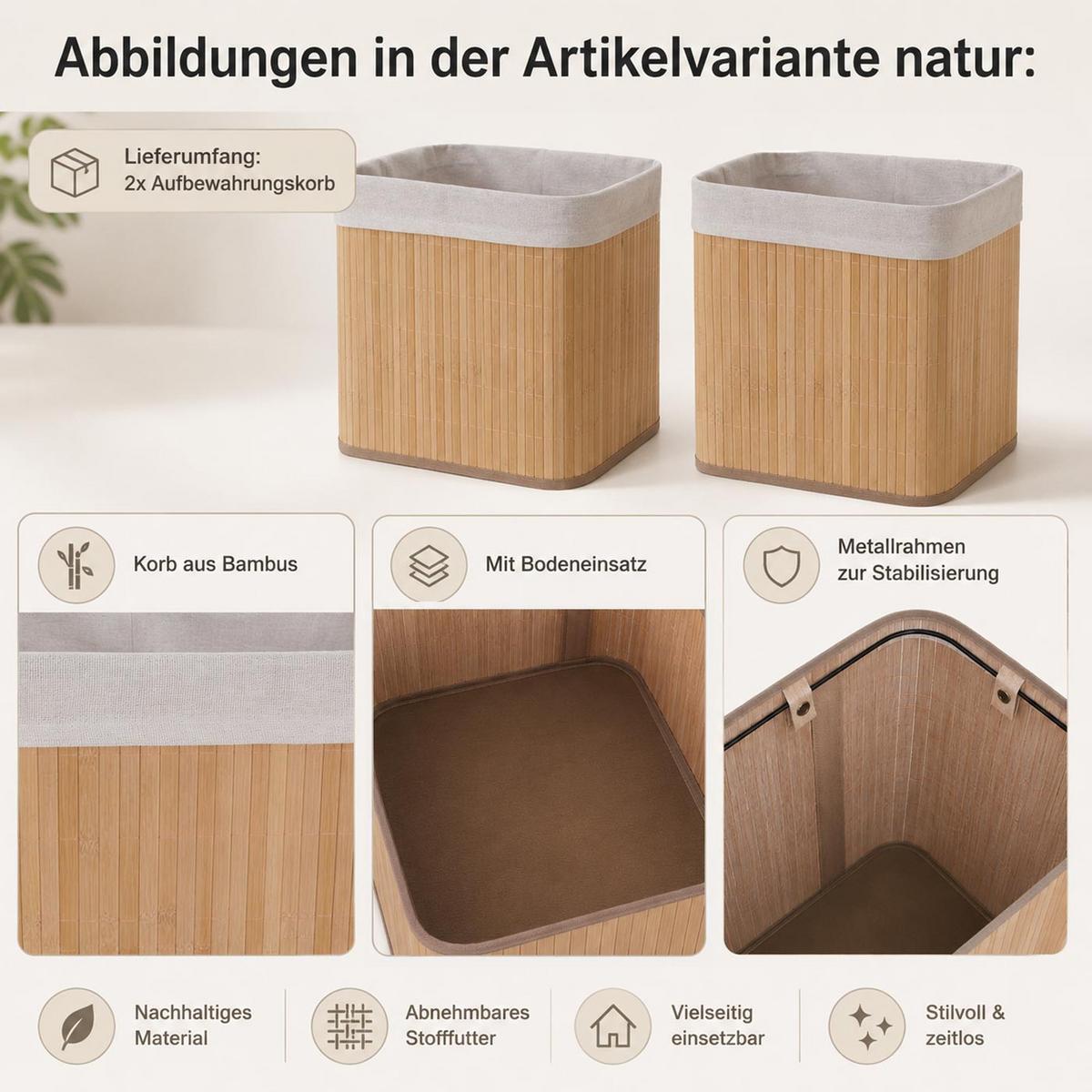 AUFBEWAHRUNGSKORB Braun, Cremeweiß 2er-Set - Creme/Braun, Holz (33/23cm) - MCW