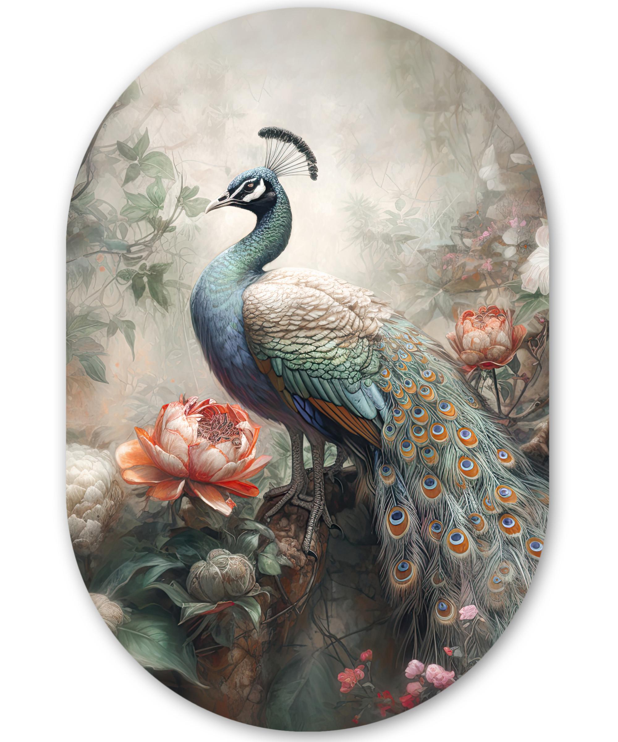 WANDBILD Pfau - Pfauenfedern - Vogel - Dschungel - Blumen Deko Wohnzimmer 40x60 cm - Smaragdgrün, Kunststoff (40/60cm) - MuchoWow