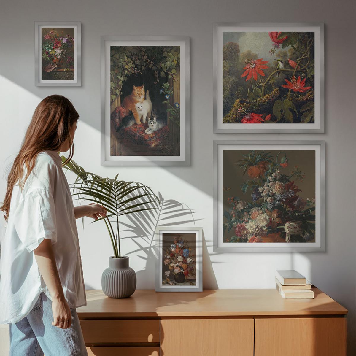 BILDER SET 5er Set - 50x50 cm & 20x30 cm & 40x60 cm Silberner Rahmen - Vintage-Blumen, Katzen, Pflanzen - Silberfarben, Kunststoff (40/60cm) - TULUP