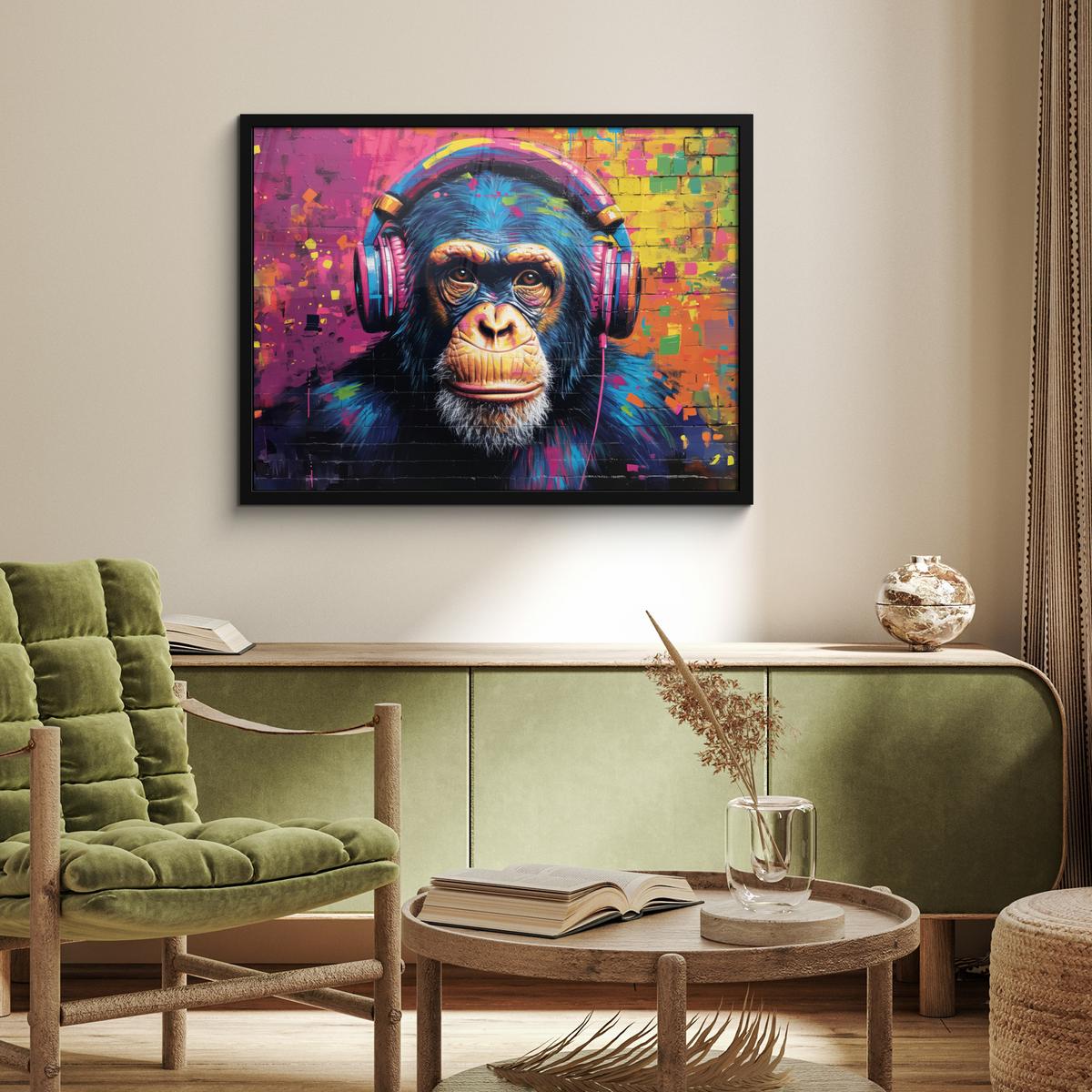 POSTER MIT RAHMENGERAHMTES BILD Graffiti - Schimpanse - Straßenkunst - Kopfhörer - Affe 80x60 cm - Blau, Papier (80/60cm) - MuchoWow