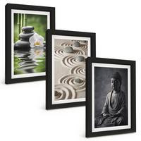 BILDER SET 3er Set - 20x30 cm Schwarzer Rahmen - Entspannender Blick auf den Zen-Buddha - Schwarz, Kunststoff (20/30cm) - TULUP