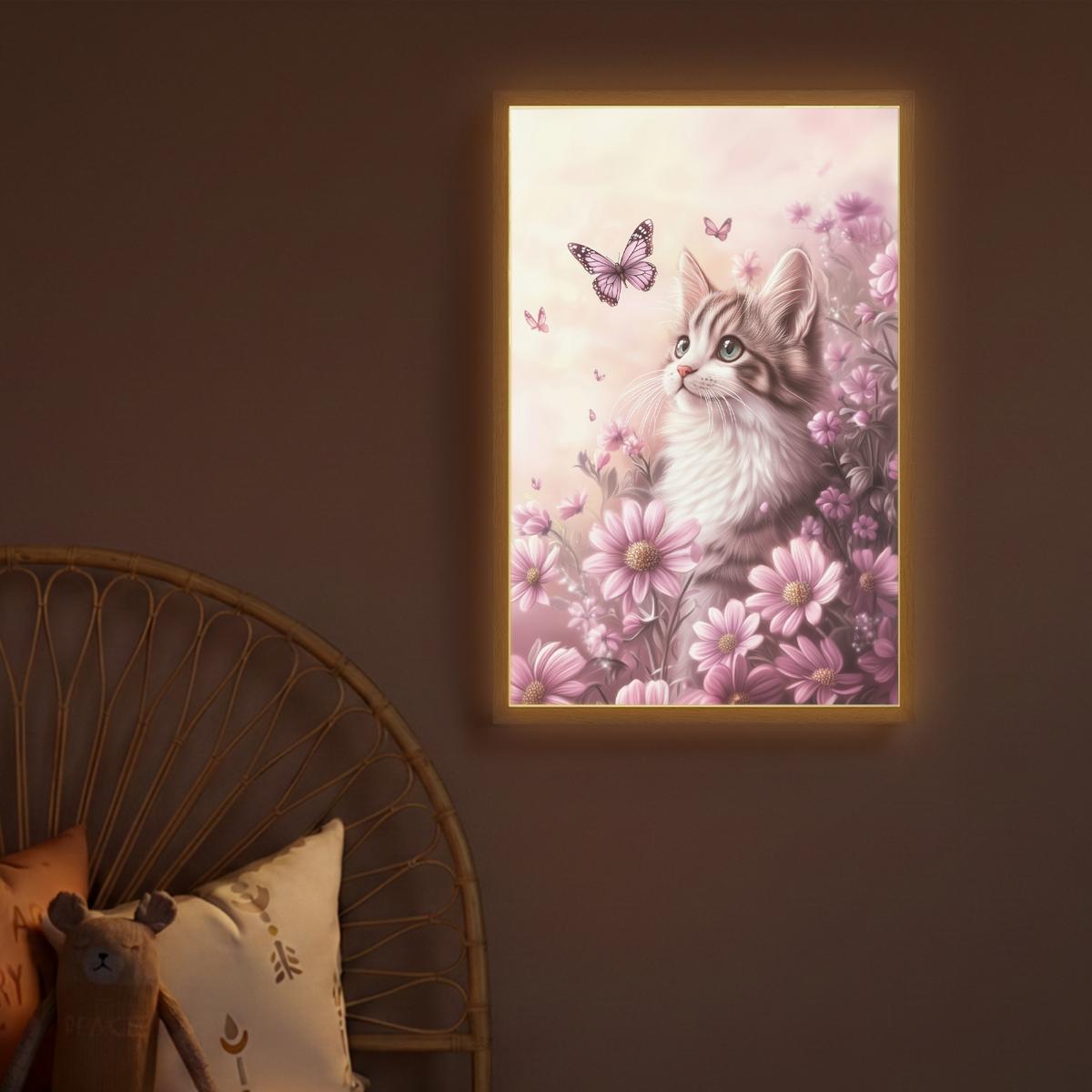 WANDLEUCHTE MIT AKKU Kätzchen - Blumen - Schmetterlinge - Lila 40x60 cm - Altrosa, Holzwerkstoff (40/60/8cm) - OnlyWow