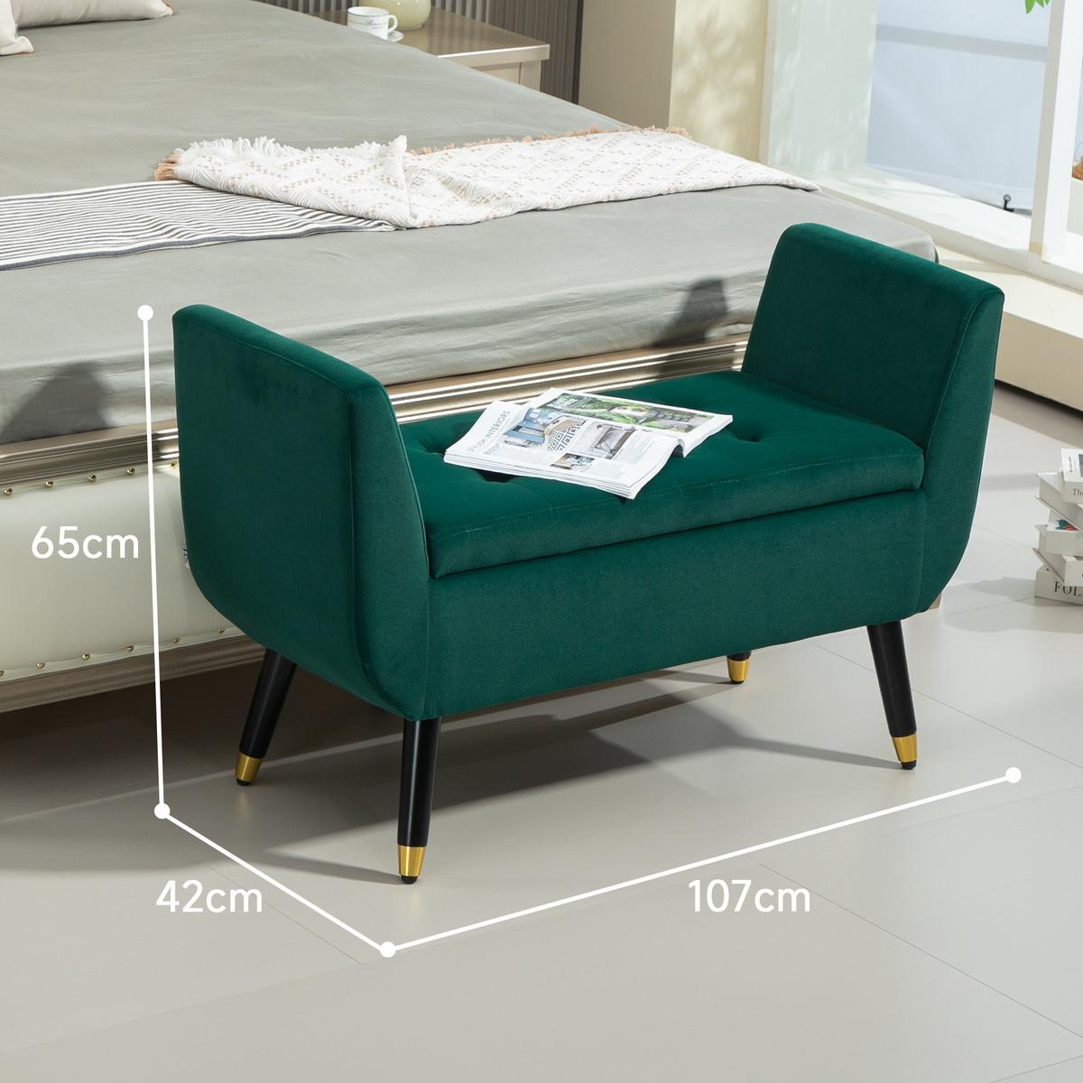 LUXUS Sitzbank Polsterbank mit Stauraum Armlehnen Polyester Holz Grün - Grün, Kunststoff (42/65/107cm) - HOMCOM