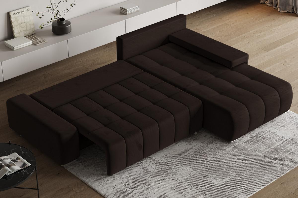 ECKSOFA ALESE R-S Braun Velours-Stoff mit Schlaffunktion - Silberfarben/Braun, Holz/Textil (265/185cm) - MASSENO