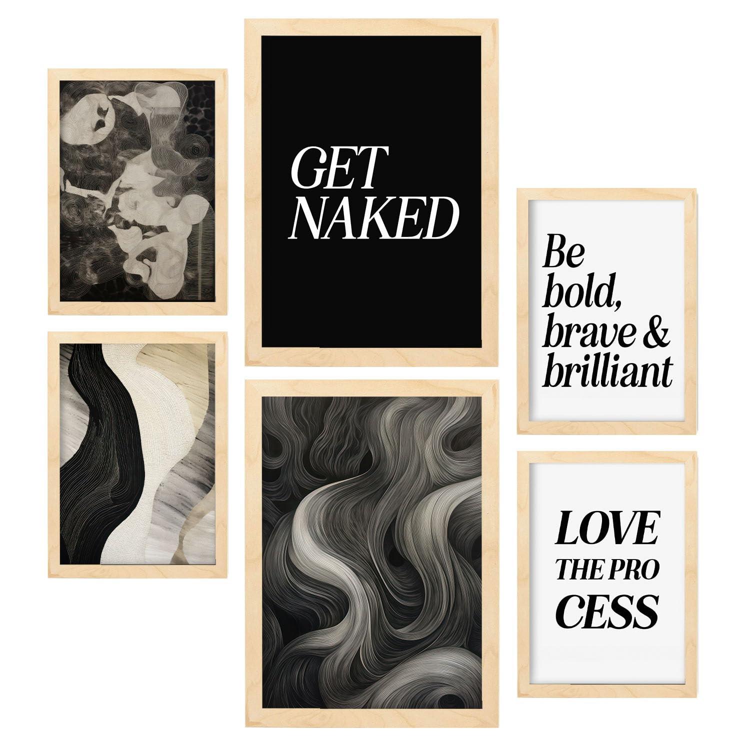 POSTER Set Mit 6 Monochromes Zitat In Vielseitiger A3 & A4 Rahmen Aus Hellem Holz - Beige, Papier (29/3cm) - Nacnic
