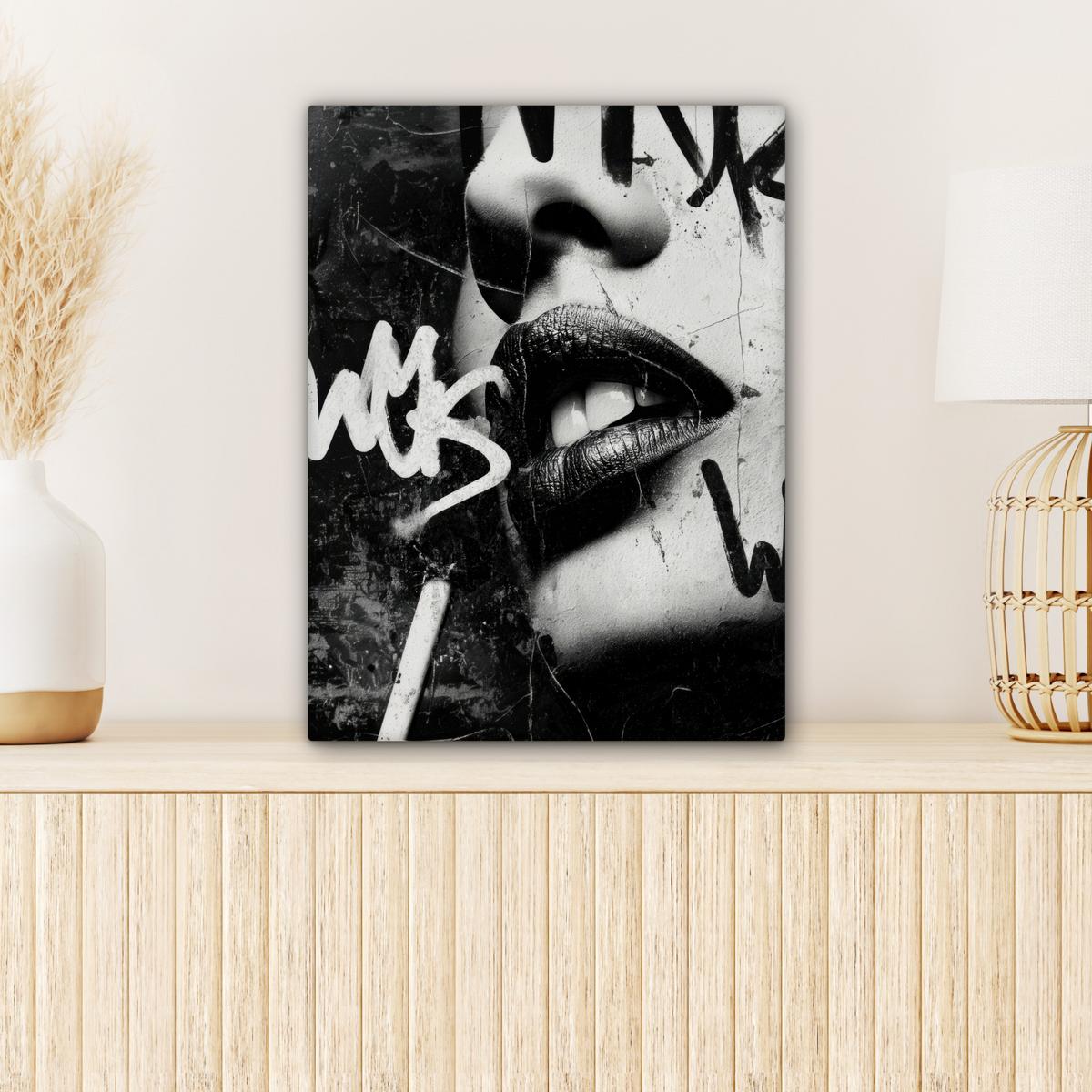 LEINWANDBILD Gesicht - Mund - Graffiti - Schwarz Room Decor 30x40 cm - Schwarz, Textil (30/40cm) - MuchoWow