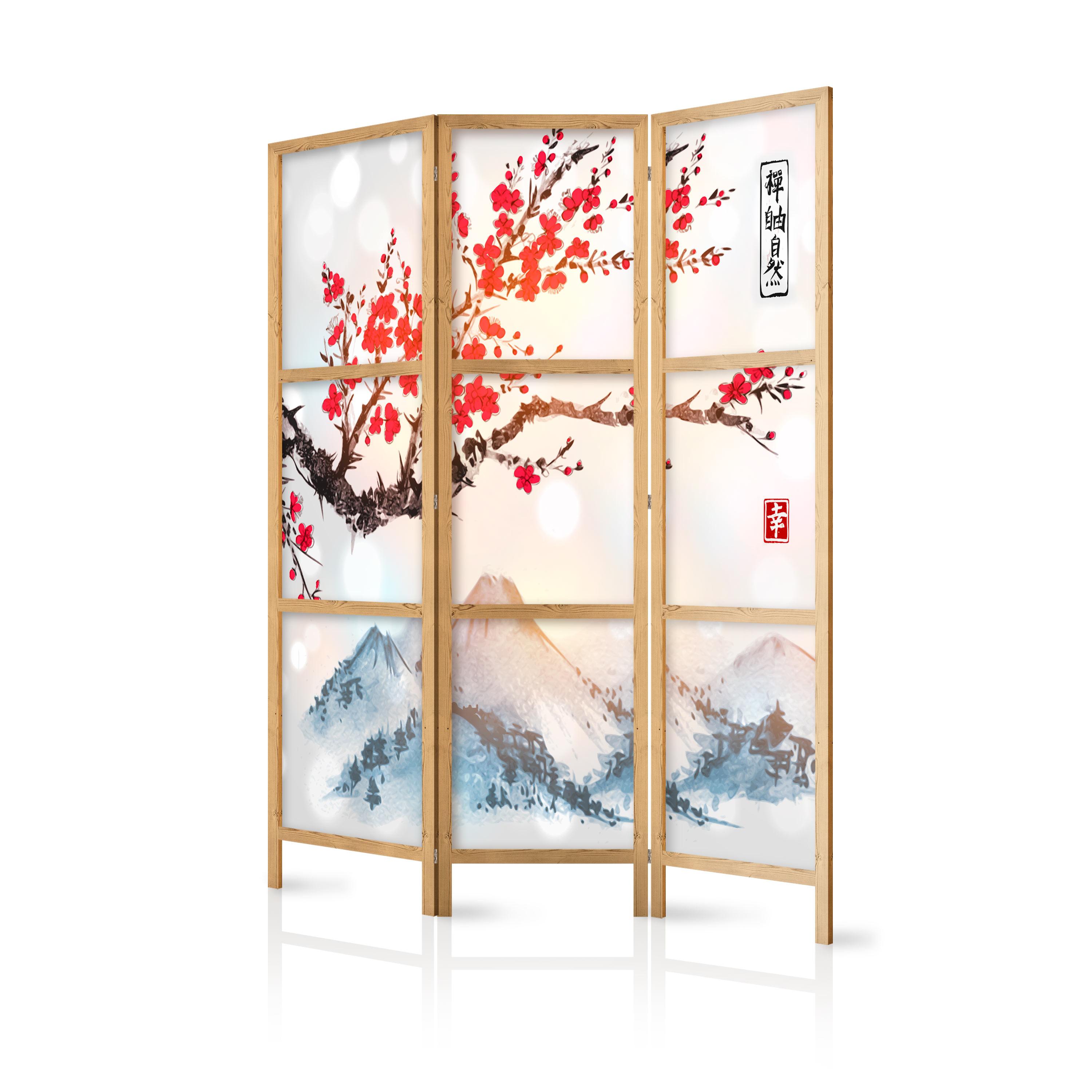 PARAVENT Japanischer 3-tlg 135x172 cm Sakura Berg Fuji - Multicolor, Holz/Textil (135/172/3cm) - Muralo
