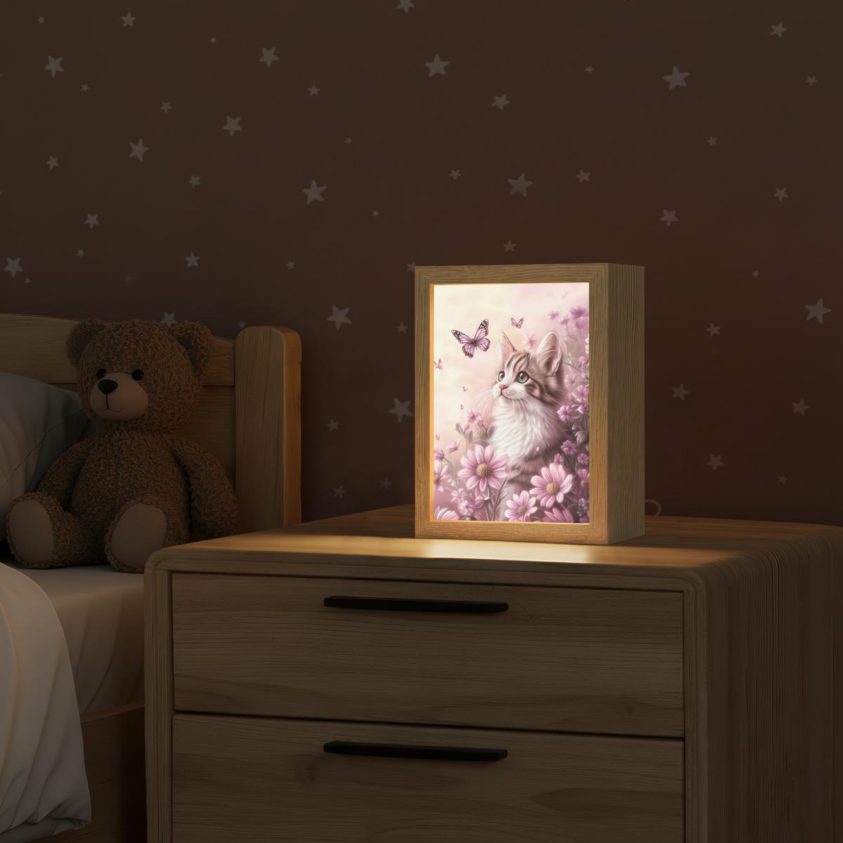NACHTTISCHLAMPE Kätzchen - Blumen - Schmetterlinge - Lila 15x20 cm - Altrosa, Holzwerkstoff (8/15/20cm) - OnlyWow