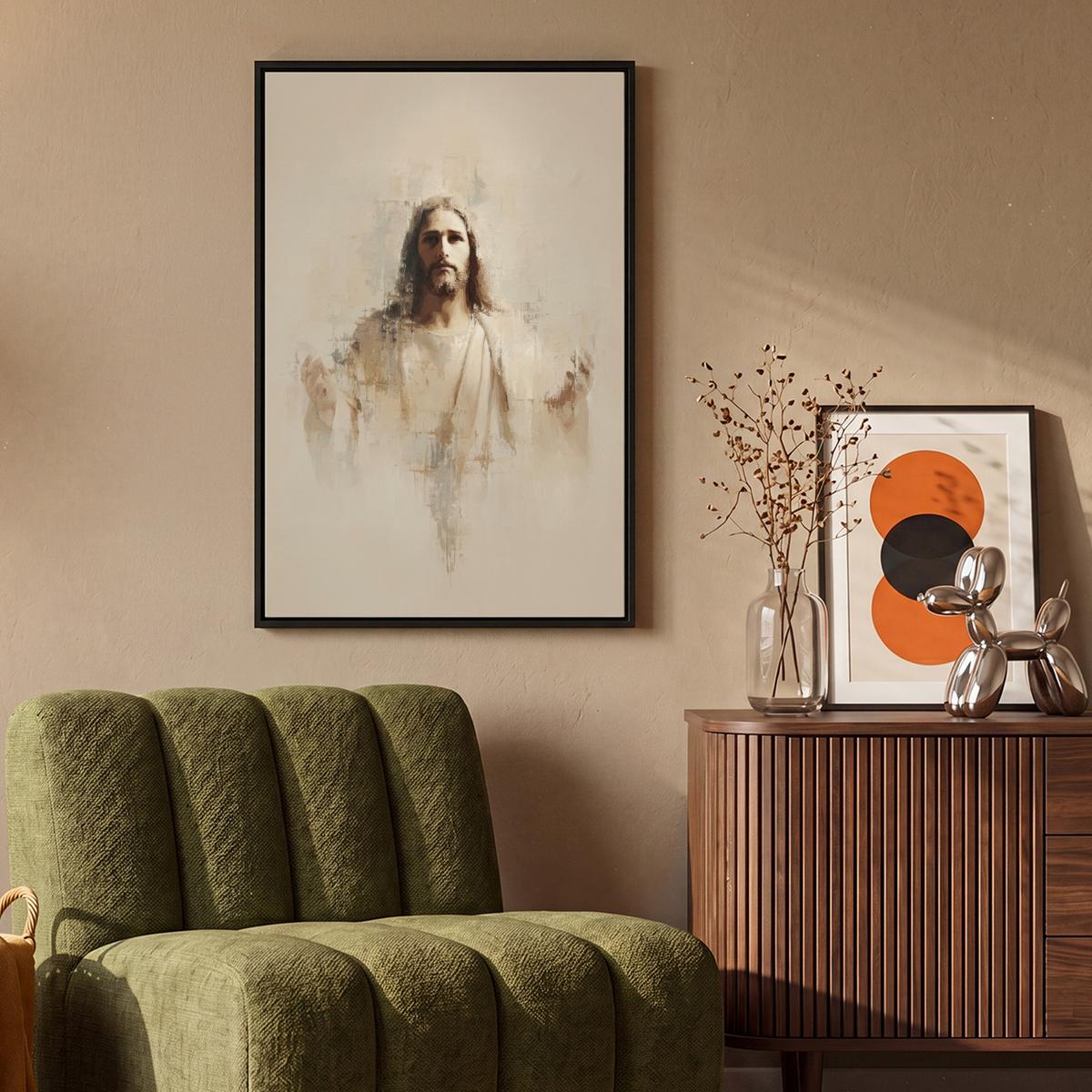 LEINWAND Bilder mit Rahmen - Porträt - Abstrakt - Jesus - Beige - 60x90 - Beige, Textil (60/90cm) - MuchoWow