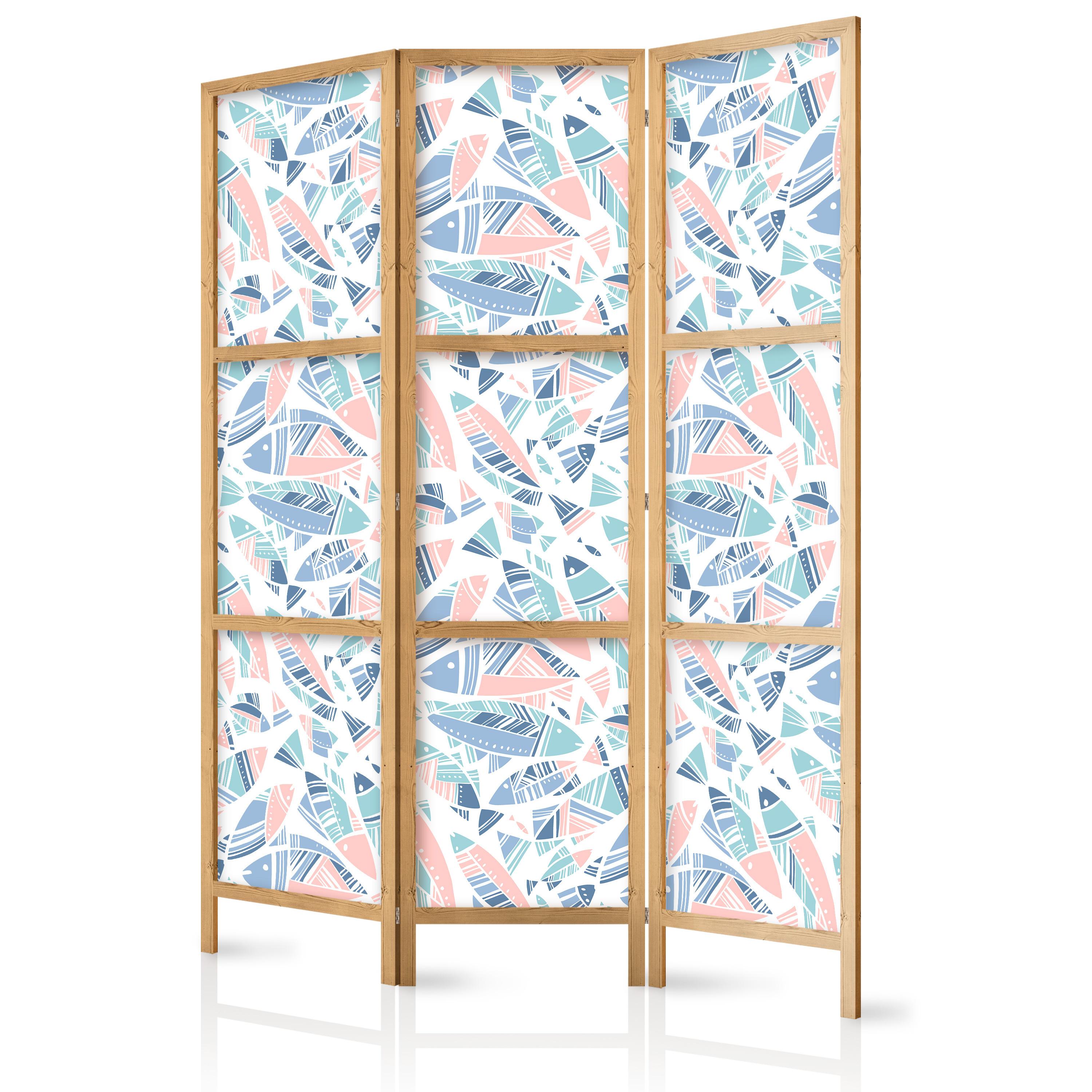 PARAVENT Japanischer 3-tlg 135x172 cm Bunte Fische - Multicolor, Holz/Textil (135/172/3cm) - Muralo