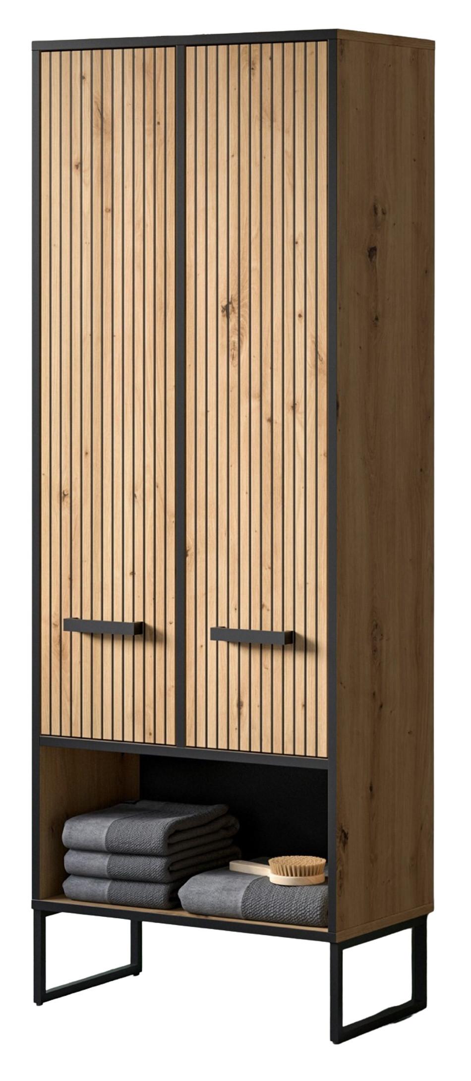 HOCHSCHRANK Eiche Artisan, schwarz 60 x 160 cm, Badezimmer Schrank mit Soft-Close - Schwarz/Eiche Artisan, Holzwerkstoff/Kunststoff (59/159/32cm) - Inn.Furn