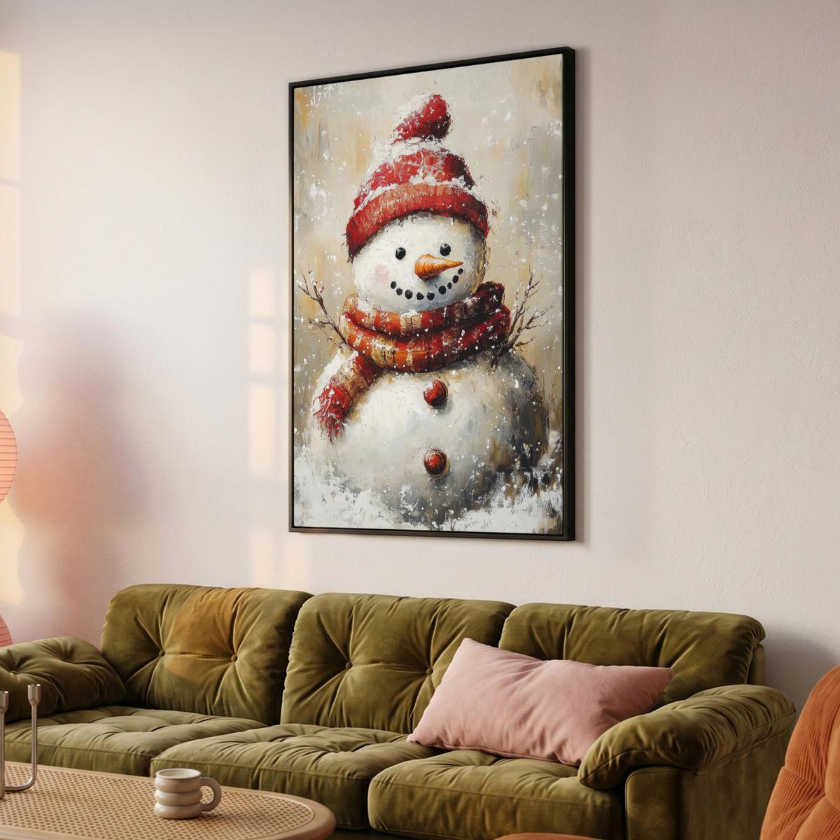 LEINWAND Bilder mit Rahmen - Schneemann - Winter - Schnee - Beige - 80x120 - Weiß, Textil (80/120cm) - MuchoWow