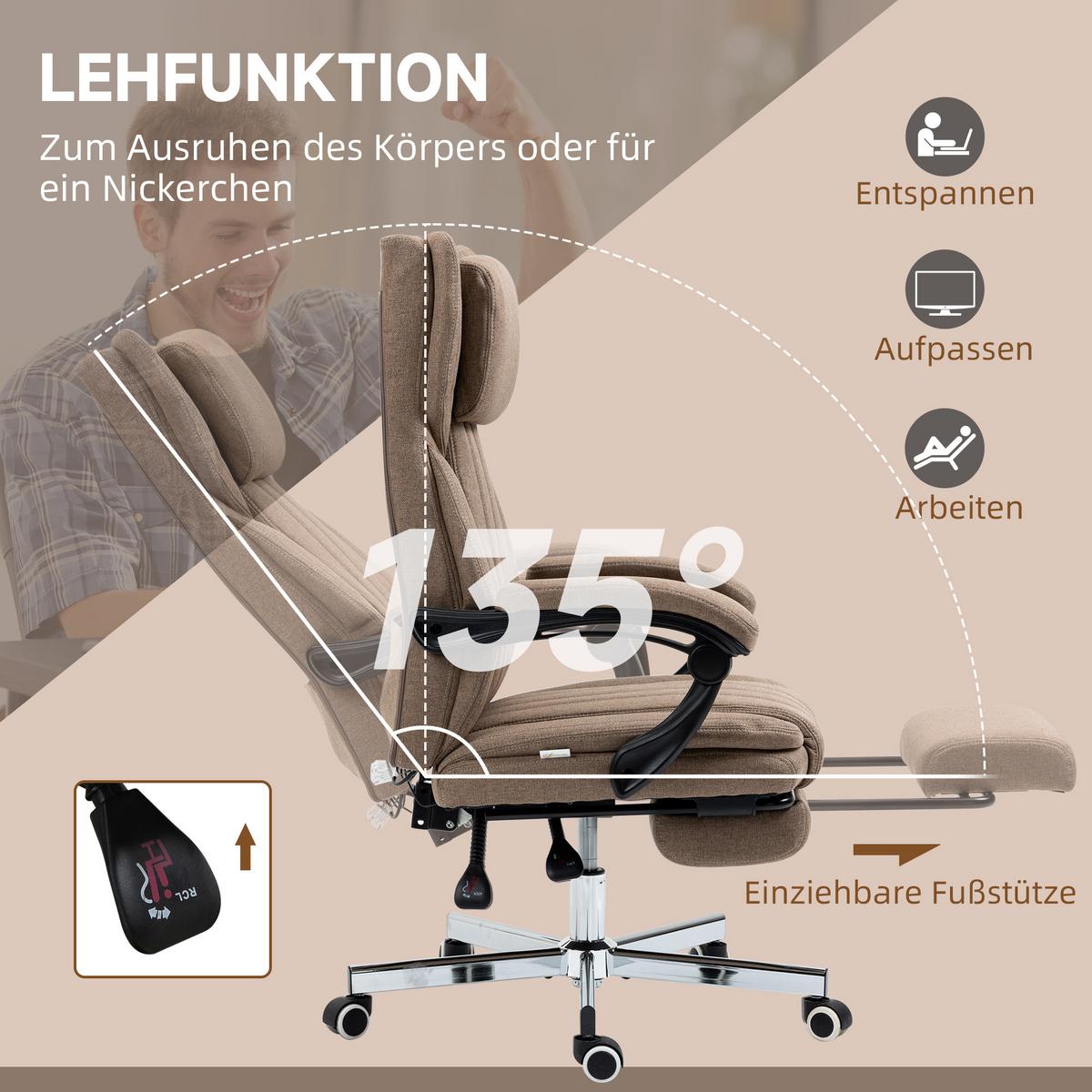 BÜROSTUHL mit Massagefunktion, Ergonomischer Schreibtischstuhl mit Liegefunktion - Braun, Kunststoff (61/118/65cm) - Vinsetto