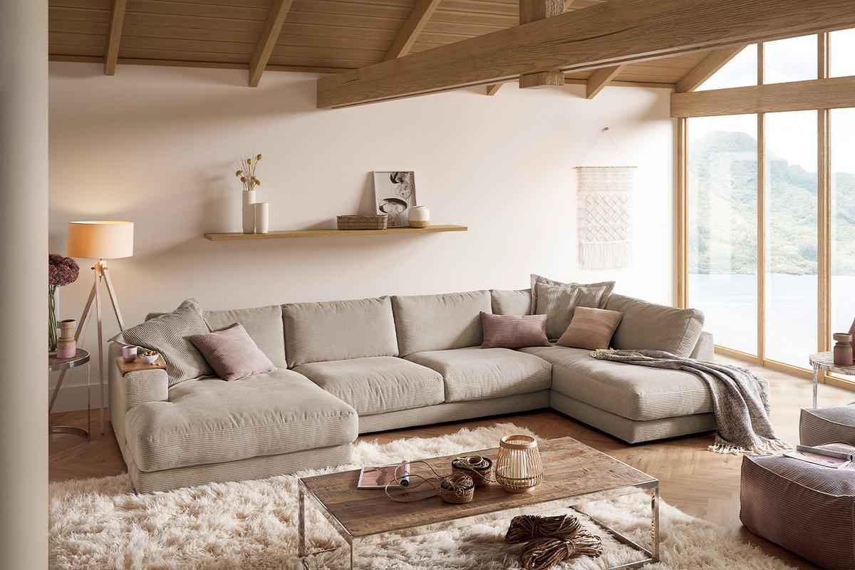 WOHNLANDSCHAFT MADELINE Taupe Cord - Taupe/Schwarz, Kunststoff/Textil (425/86/224cm) - KAWOLA