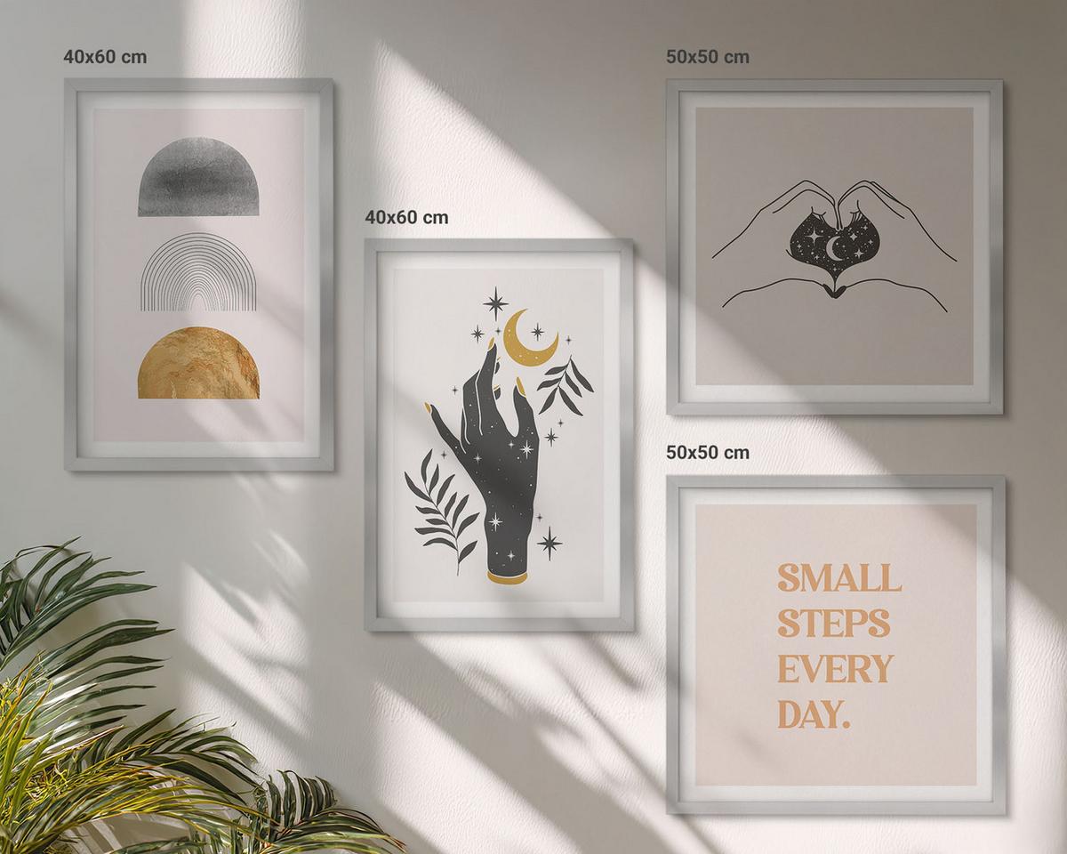 BILDER SET 4er Set - 50x50 cm & 40x60 cm Silberner Rahmen - Minimalistische Boho-Illustrationen - Silberfarben, Kunststoff (50/50cm) - TULUP