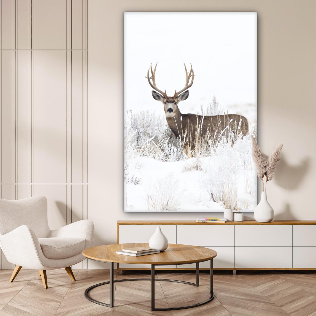 LEINWANDBILD Hirsche - Winter - Schnee - Tiere - Jahreszeiten - Weiß Deko Groß 90x140 cm - Hellbraun, Textil (90/140cm) - MuchoWow