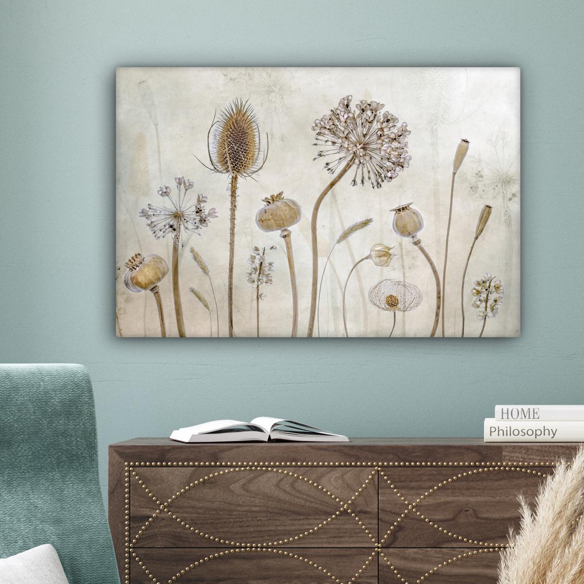 LEINWANDBILD Blumen - Aquarell - Stilleben - Braun - Vintage Gemälde 60x40 cm - Beige, Textil (60/40cm) - MuchoWow