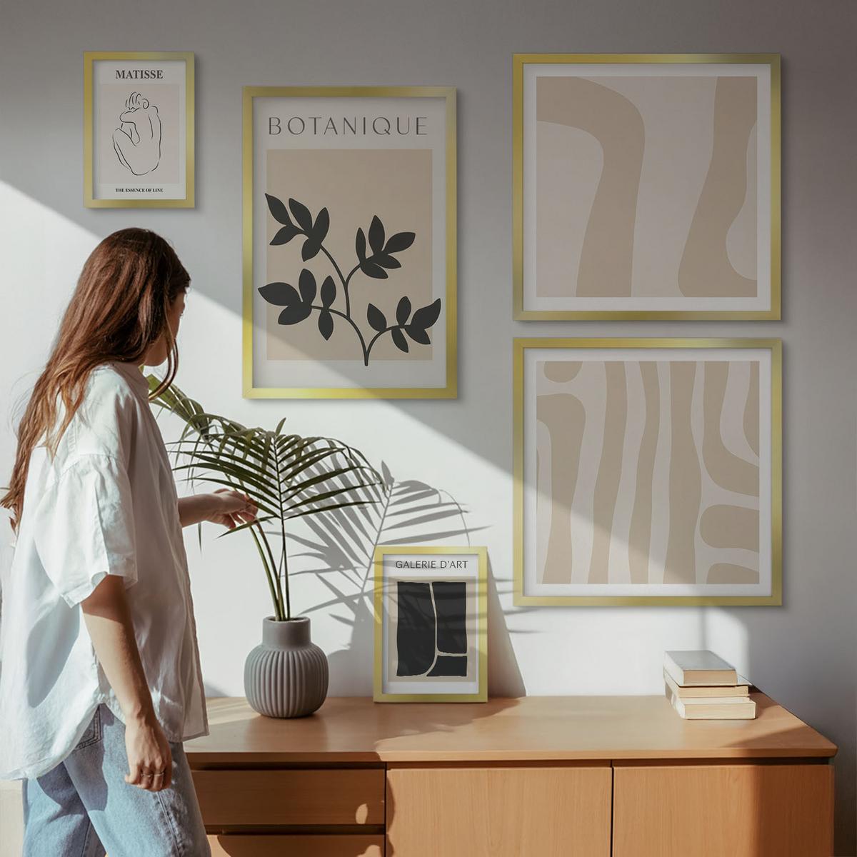 BILDER SET 5er Set - 50x50 cm & 20x30 cm & 40x60 cm Goldrahmen - Abstrakte Pflanzenmotive - Goldfarben, Kunststoff (40/60cm) - TULUP