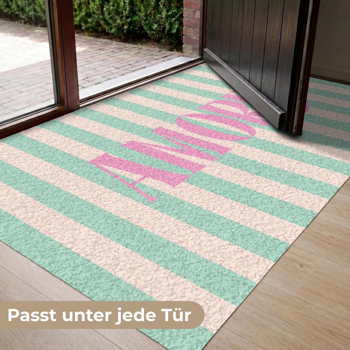 FUSSMATTE Rosa – Grün – Streifen – Amore 150x90 cm - Mintgrün, Kunststoff (150/0.4cm) - MuchoWow