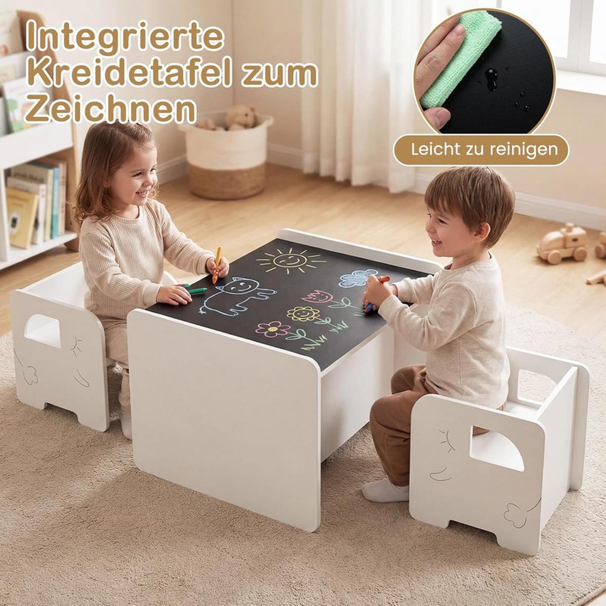 KINDERTISCH mit Stuhl weiß(3-tlg) - Weiß, Holzwerkstoff (62.5/40/48cm) - COSTWAY