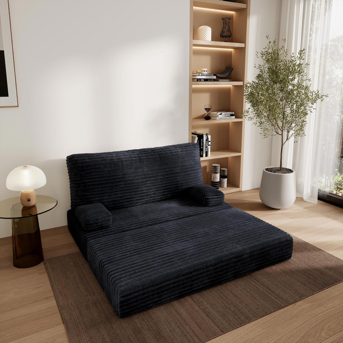 BETTSOFA LADIA aus Schaumstoff Kordstoff Schwarz Schlaffunktion - Schwarz, Textil (140/86/60cm) - MASSENO
