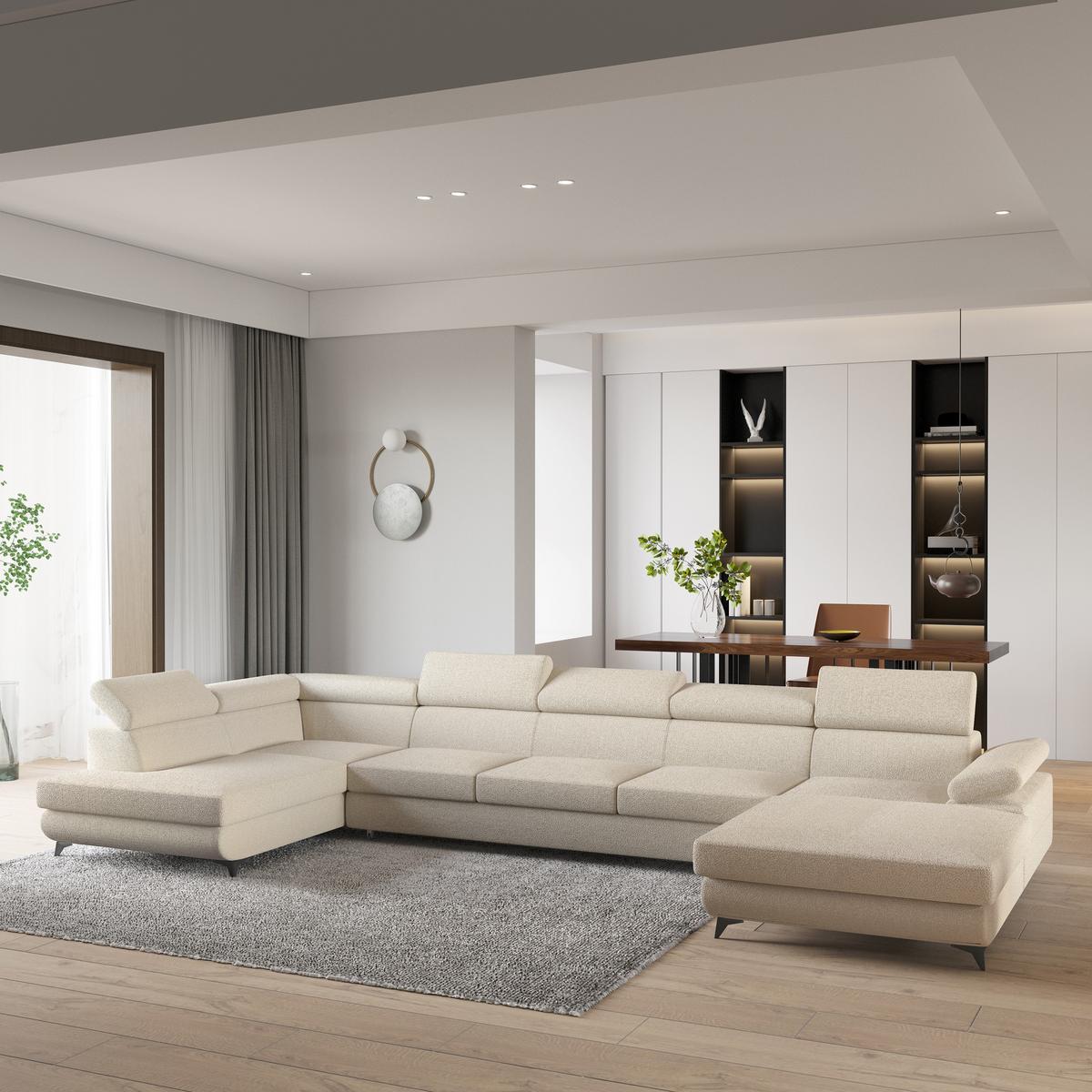 WOHNLANDSCHAFT MONTIVA Creme Boucle-Stoff mit Schlaffunktion - Creme, Holz (410/89/190cm) - MASSENO