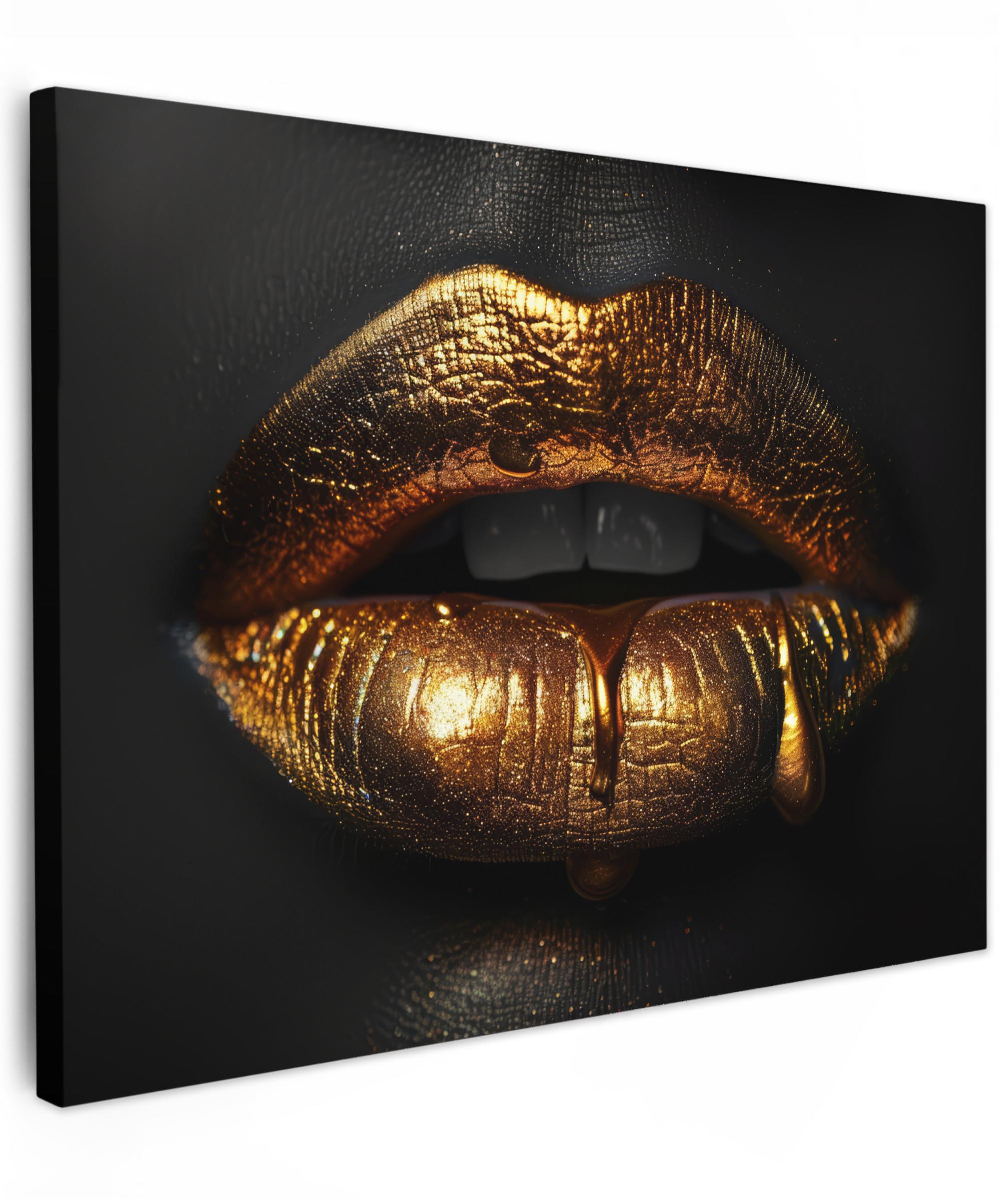 LEINWANDBILD Frau - Porträt - Lippen - Gold - Schwarz Wandbilder 80x60 cm - Schwarz, Textil (80/60cm) - MuchoWow
