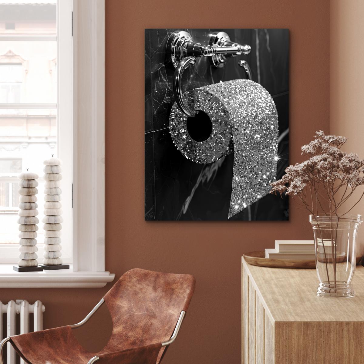 METALLBILD WC - Toilettenpapier - Schwarz und weiß - Glitter 60x80 cm - Silberfarben, Metall (60/80cm) - MuchoWow