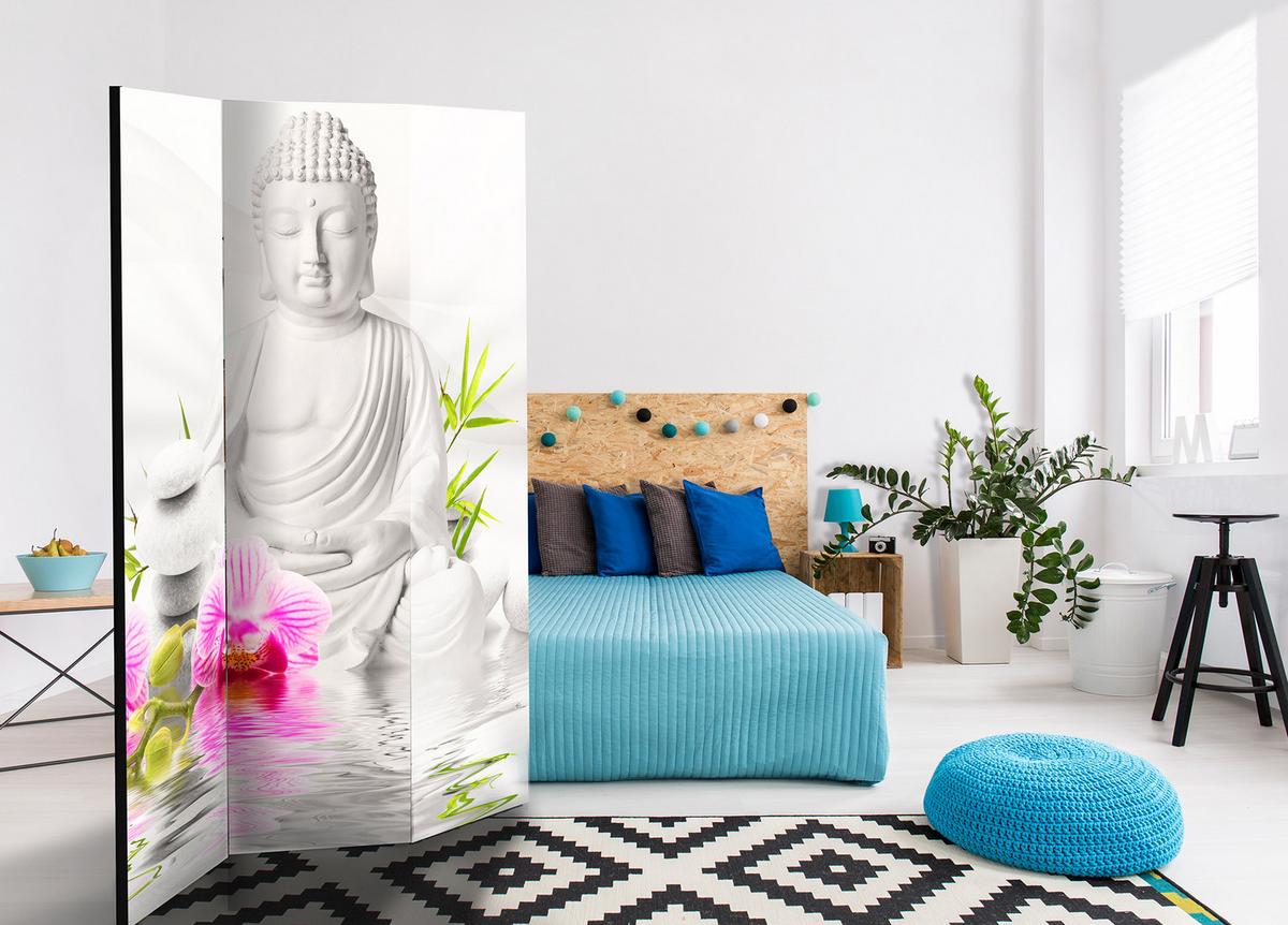 PARAVENT Einseitig Bedruckter 3-tlg 135x172 cm Buddha Statue Orchideen - Multicolor, Holz/Textil (135/172/3cm) - Muralo