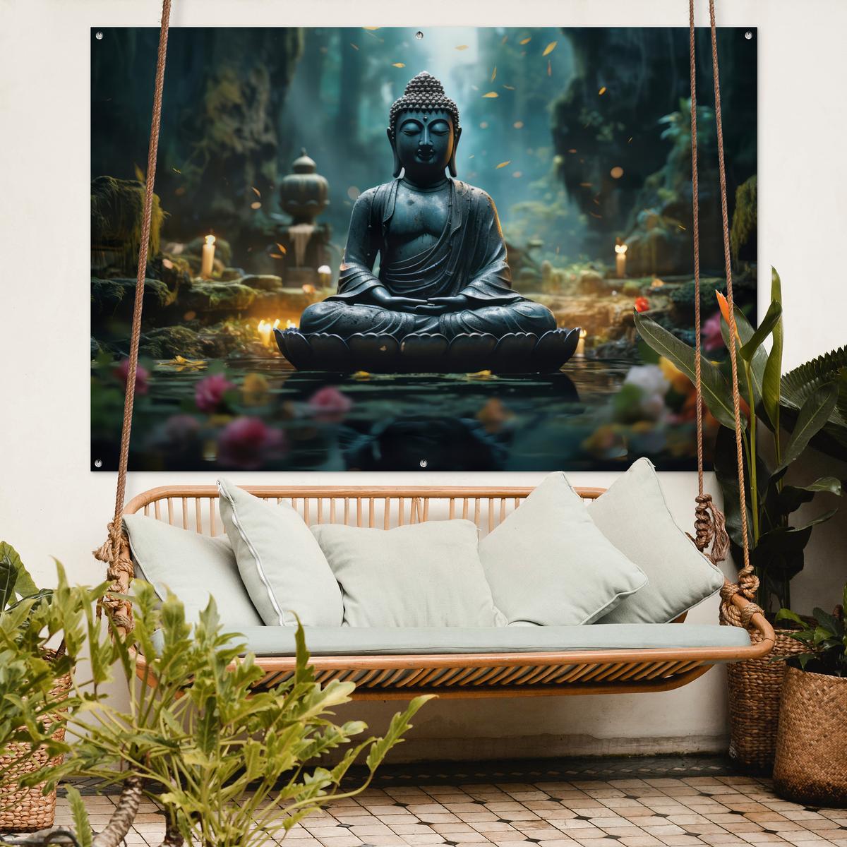 GARTENPOSTER Buddha - Statue - Buddha - Zen - Kunst - Buddha Poster für draußen 180x120 cm - Dunkelgrau, Kunststoff (180/120/0.2cm) - OnlyWow