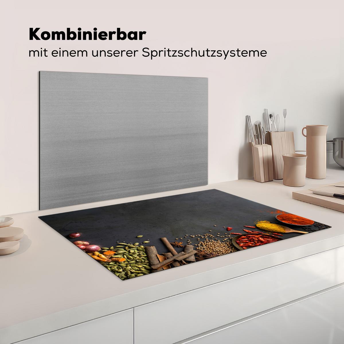 HERDABDECKPLATTE Kräuter - Lebensmittel - Gewürze - Schwarz - Paprika - Zimt Induktionsschutz 81.6x52.7 cm - Currygelb, Kunststoff (81.6/52.7/0.2cm) - MuchoWow