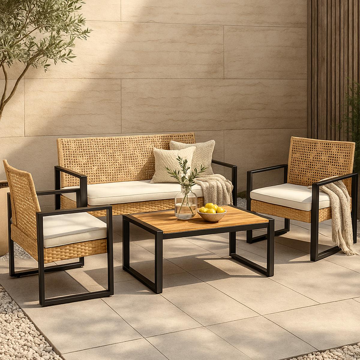 LOUNGE-SET 4 TLG. Calciano - Beige/Braun, Kunststoff/Metall - casa.pro